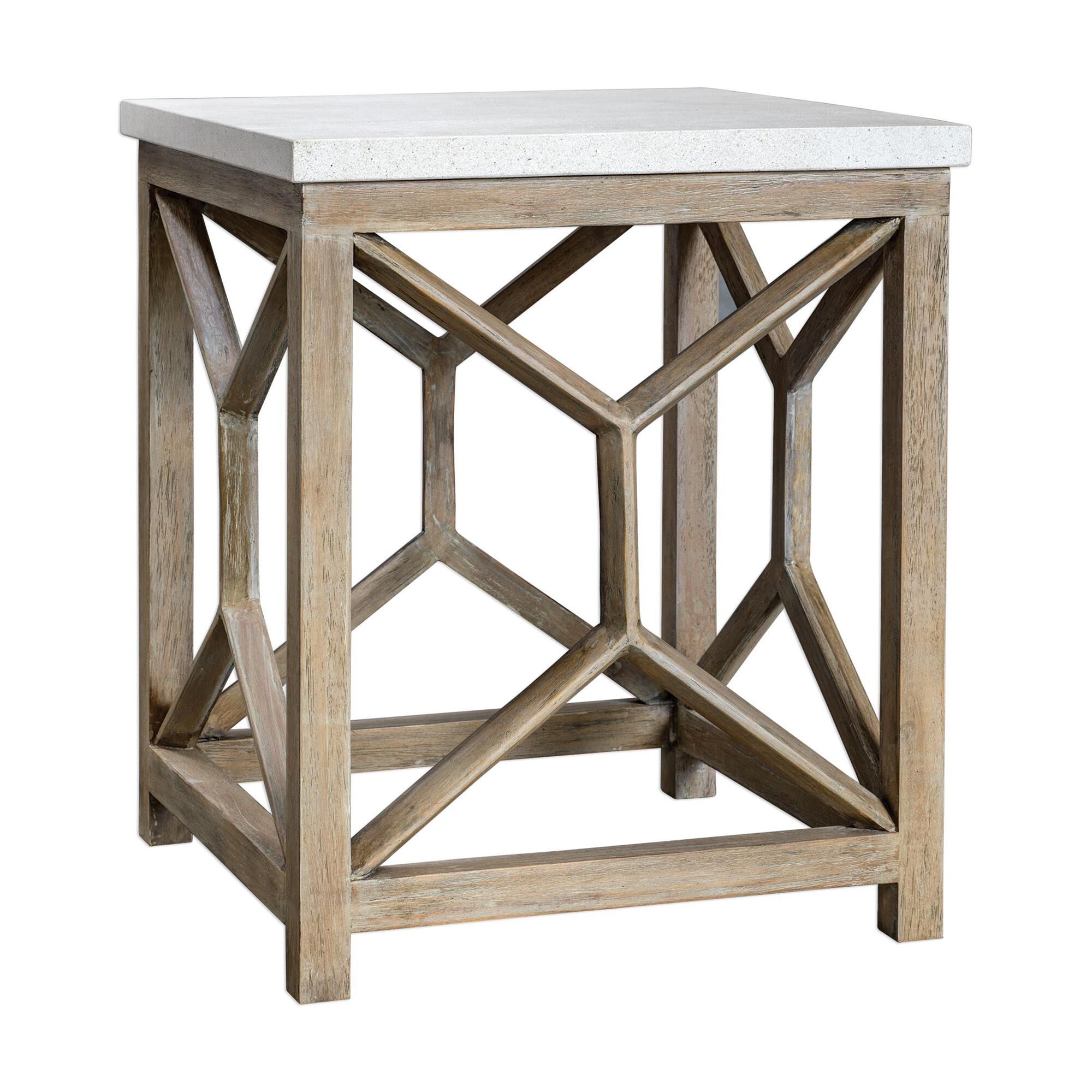Shown in Handcrafted From Solid Mixed Woods With An Natural Ivory Limestone Top, On A Geometric Base Finished finish