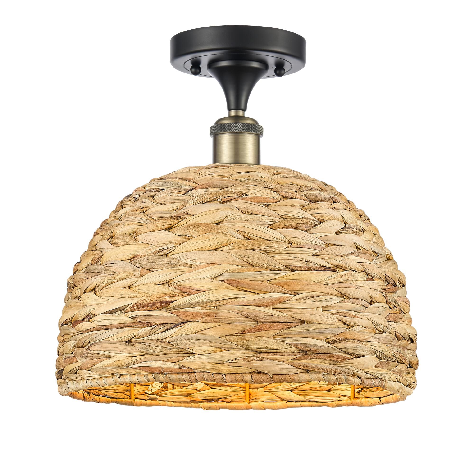 Shown in Black Antique Brass finish and Natural shade