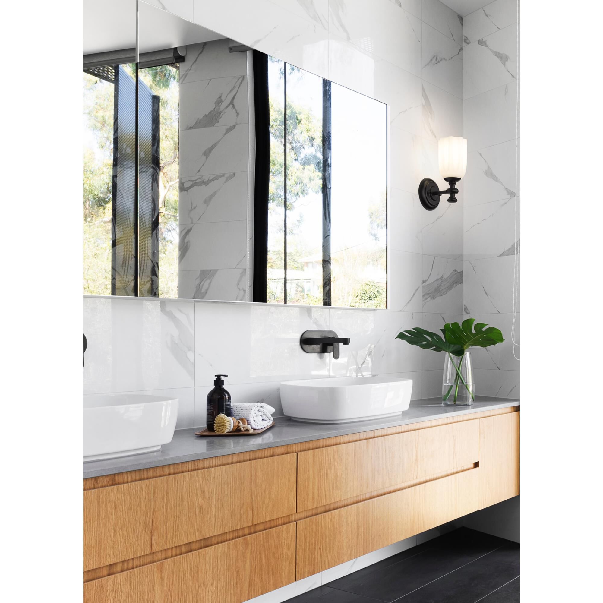 Shown in Matte Black finish and Opal Etched glass and Opal Etched shade