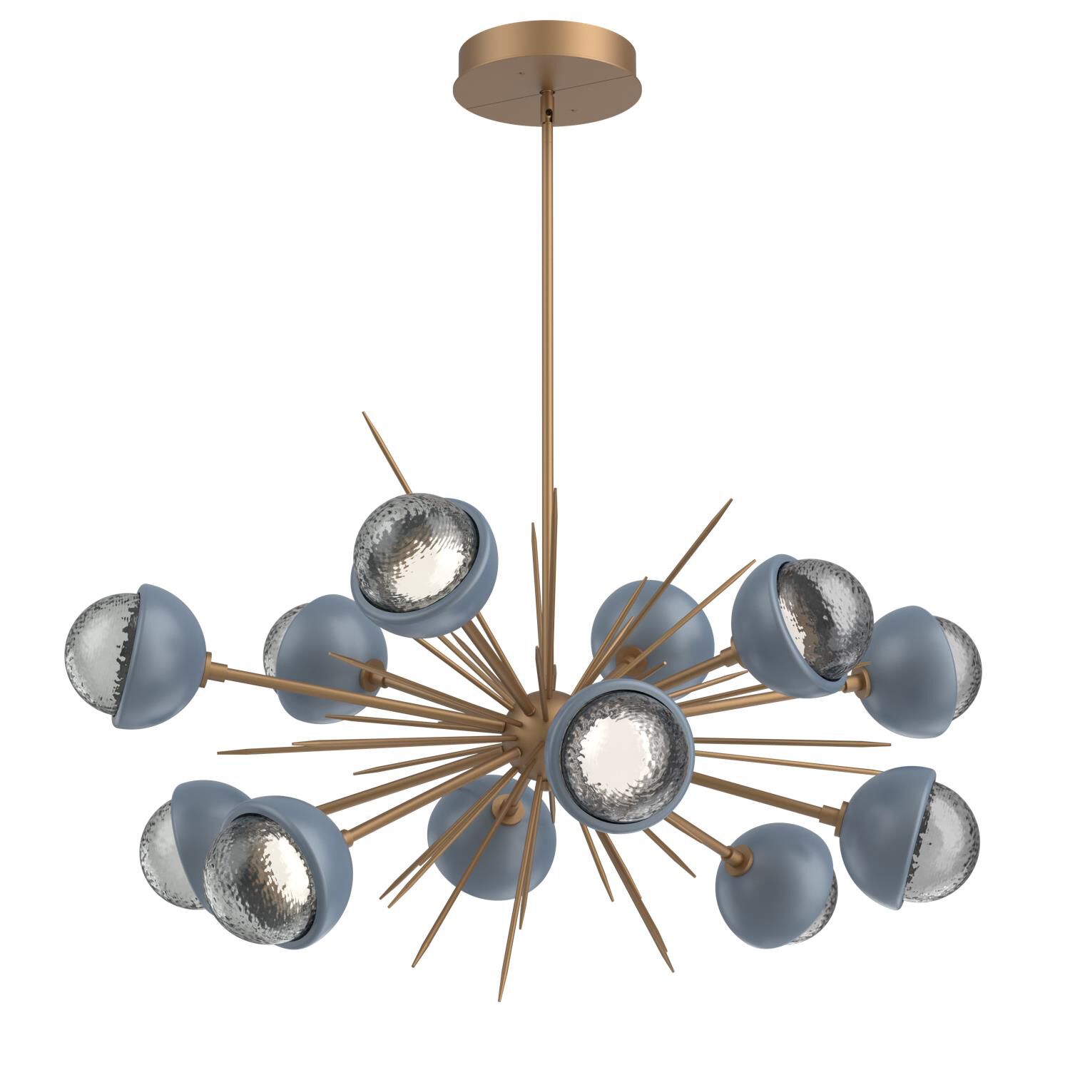 Shown in Novel Brass finish and Smoke glass and Poppy Blue accent