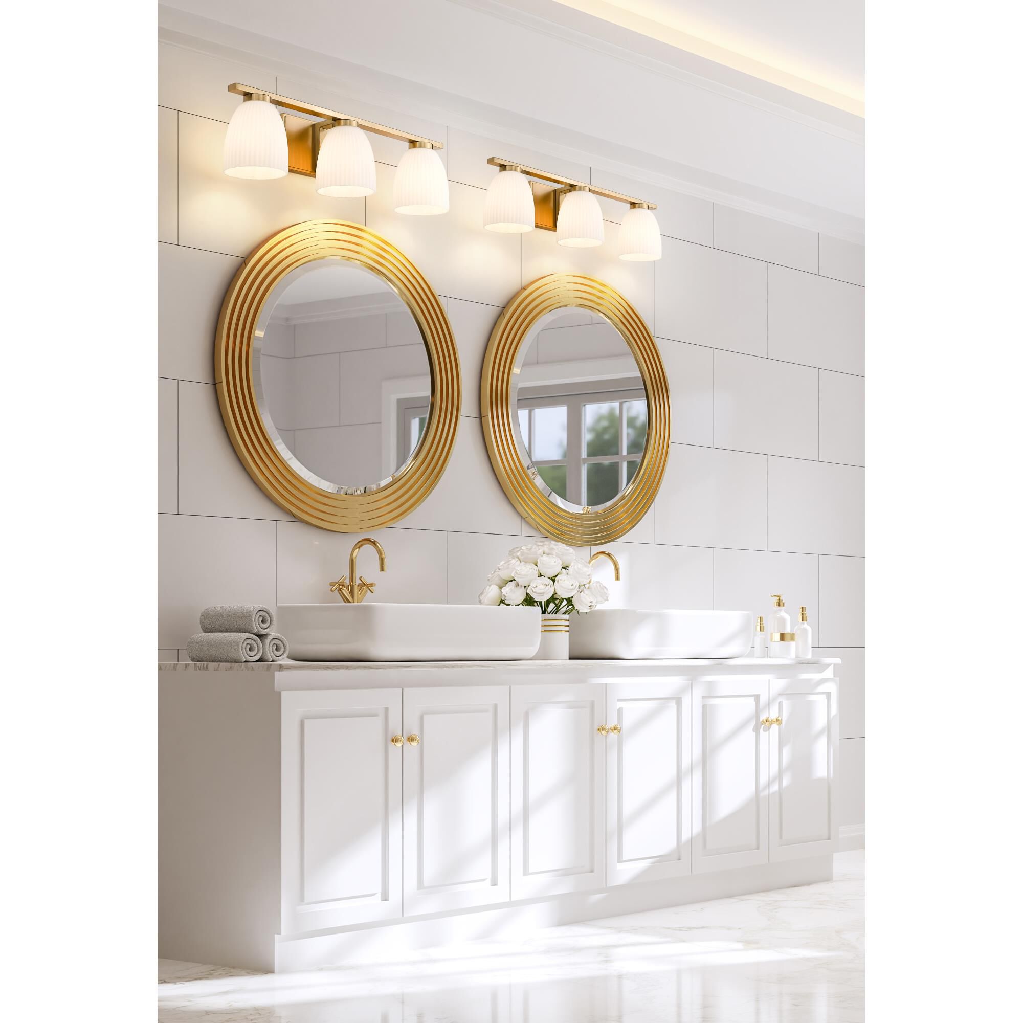 Shown in Modern Gold finish and Matte Opal glass and Matte Opal shade