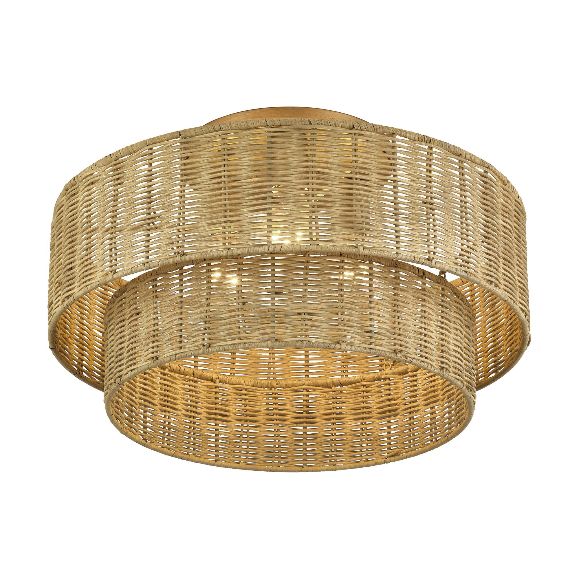 Shown in Antique Gold Leaf finish and Hand-Woven Rustic Walnut Color Rattan shade