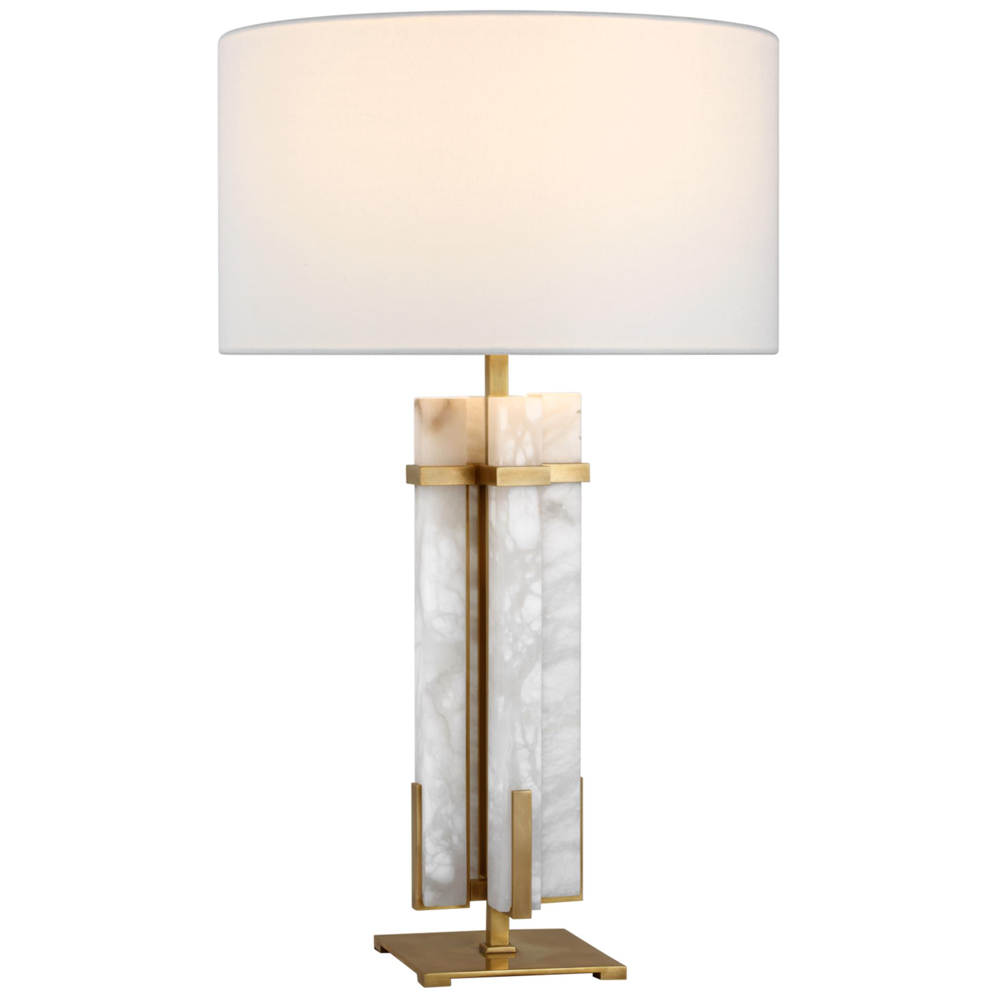 Shown in Hand-Rubbed Antique Brass and Alabaster finish and Linen shade