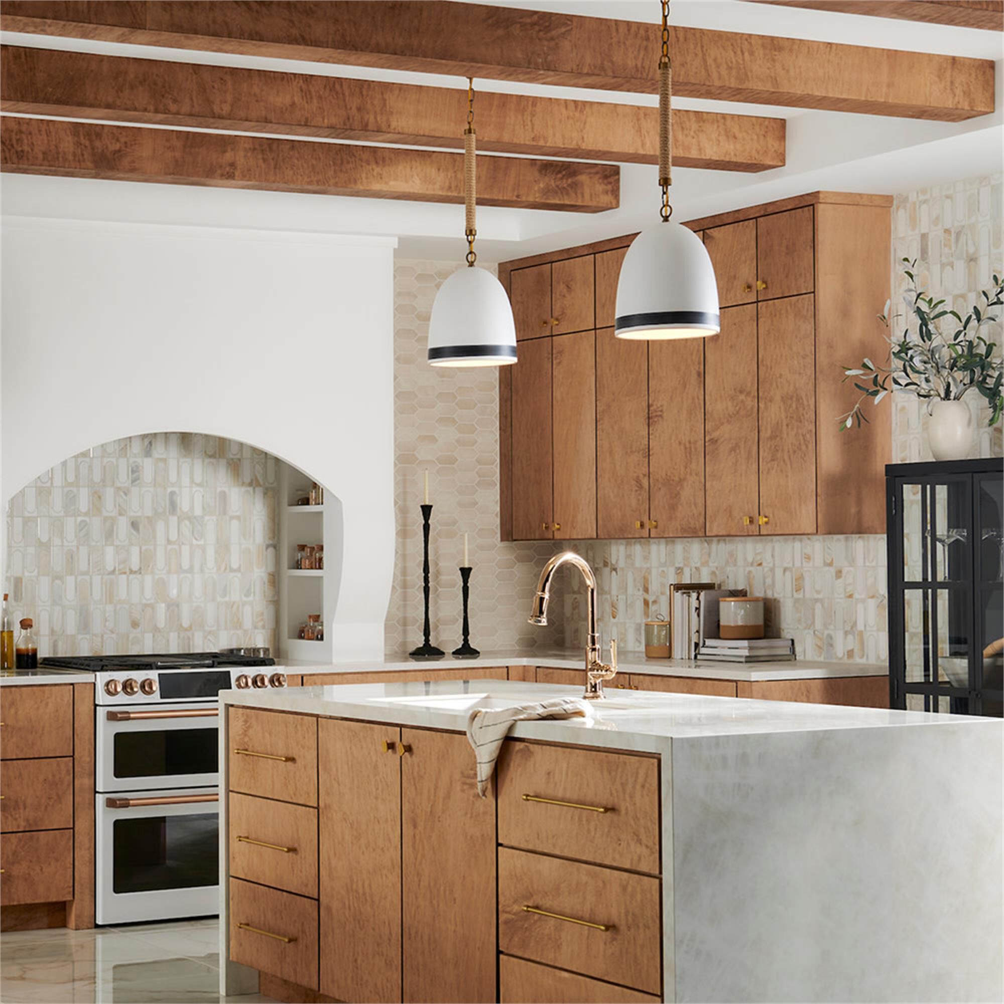 Shown in Heritage Brass finish and Off-White Ceramic with Black glass