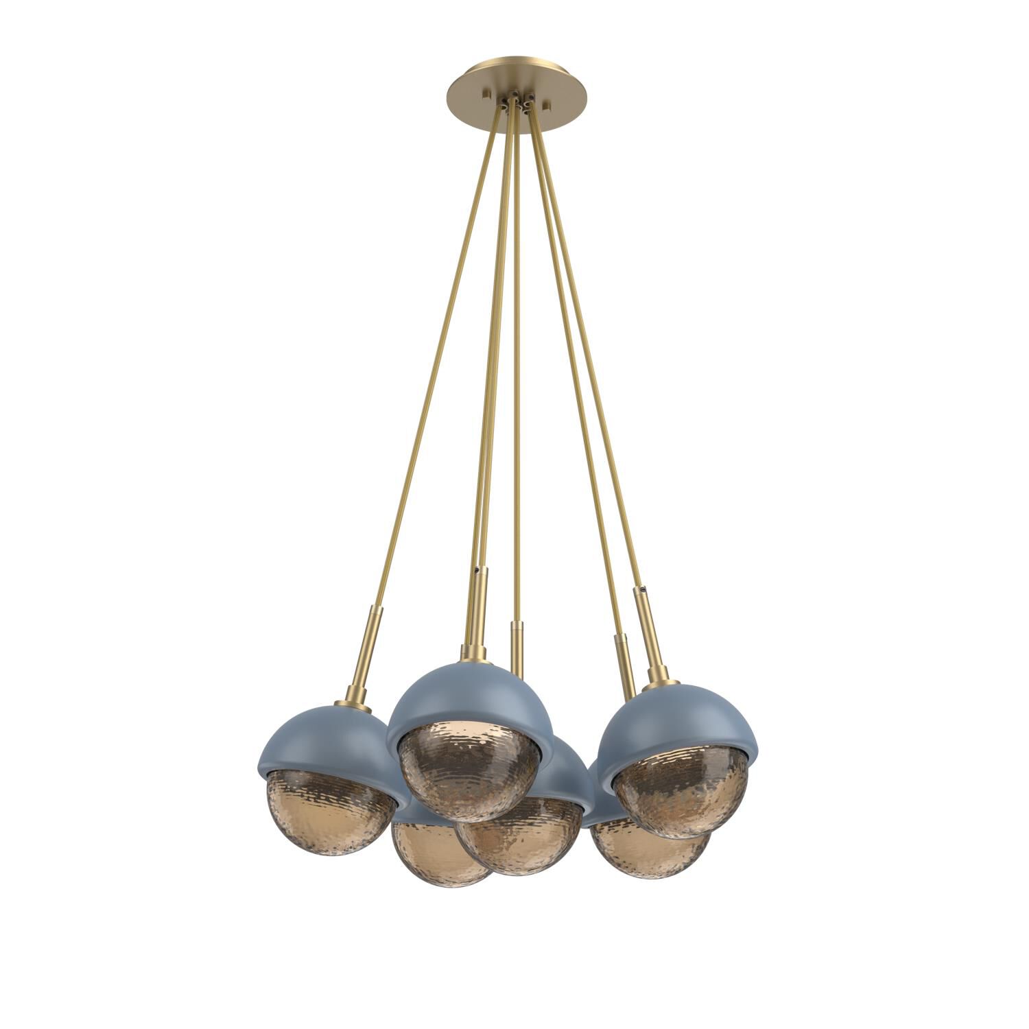 Shown in Gilded Brass finish and Bronze glass and Poppy Blue accent