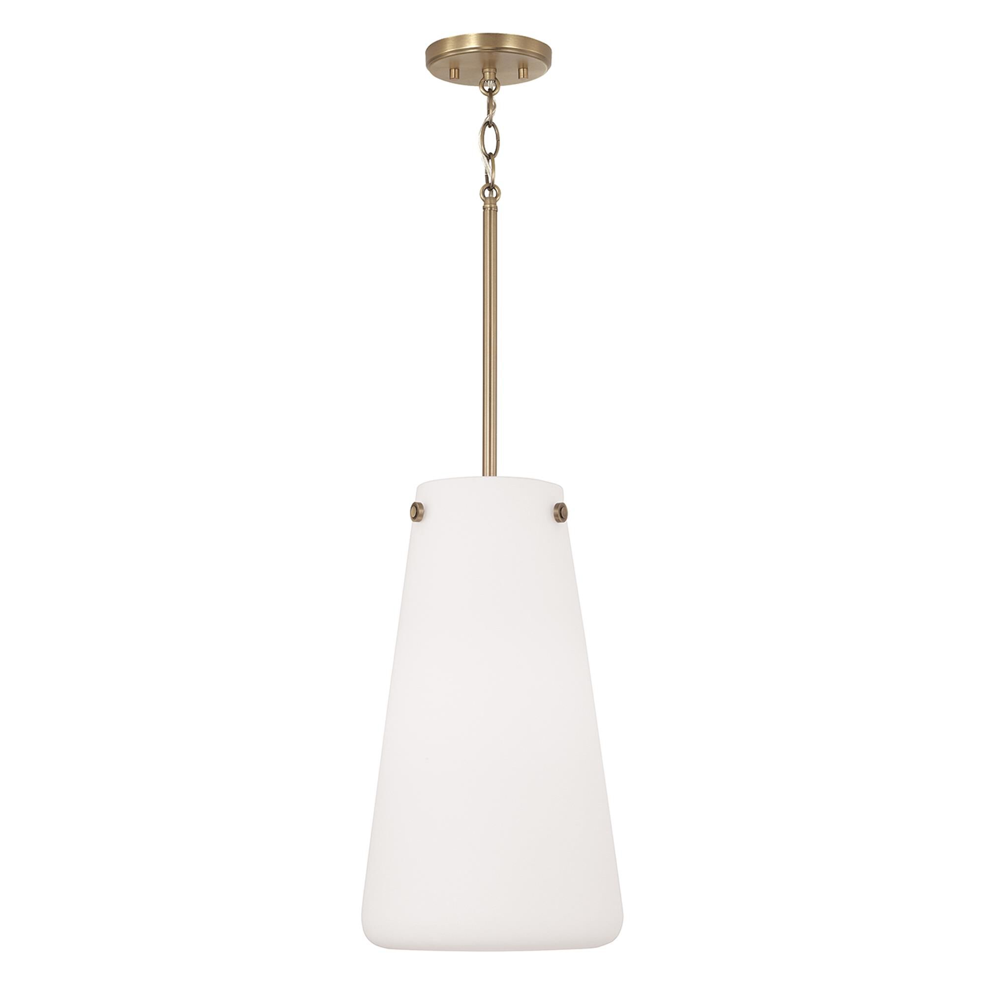 Shown in Aged Brass finish and Soft White glass