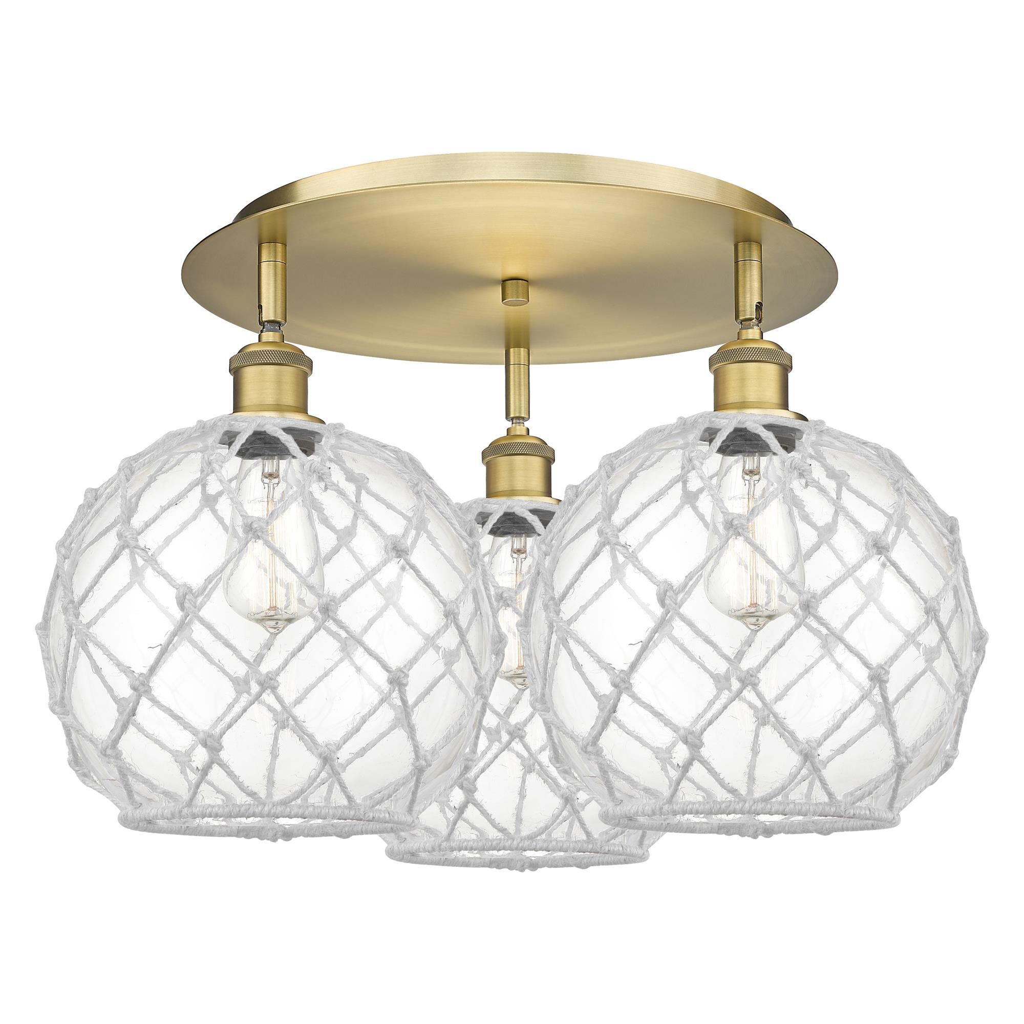 Shown in Brushed Brass finish and Clear with White Rope glass