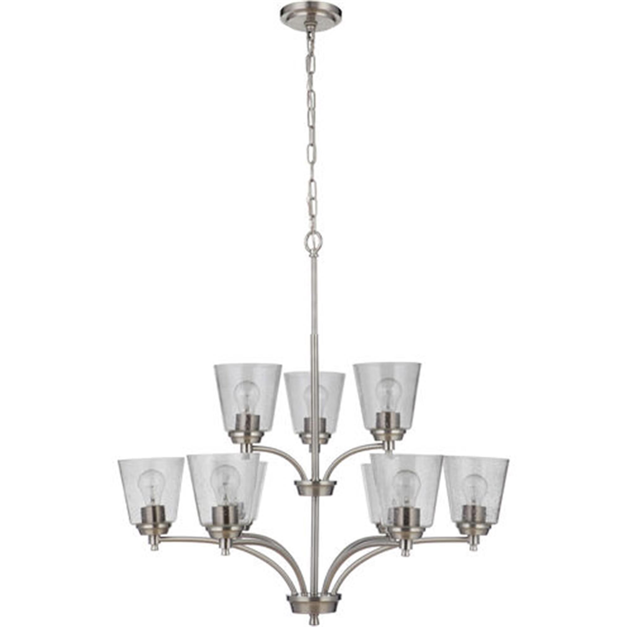 Shown in Brushed Polished Nickel finish and Clear Seeded glass and Glass shade