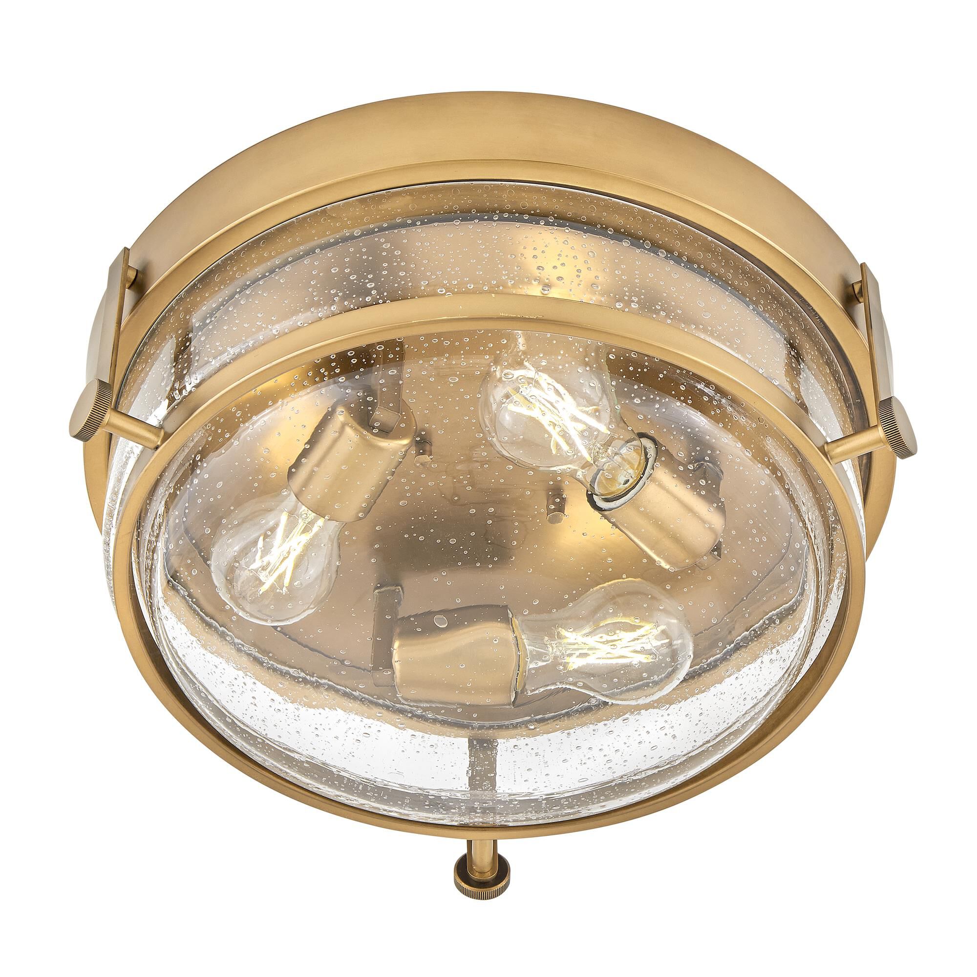 Shown in Heritage Brass finish and Clear Seedy glass