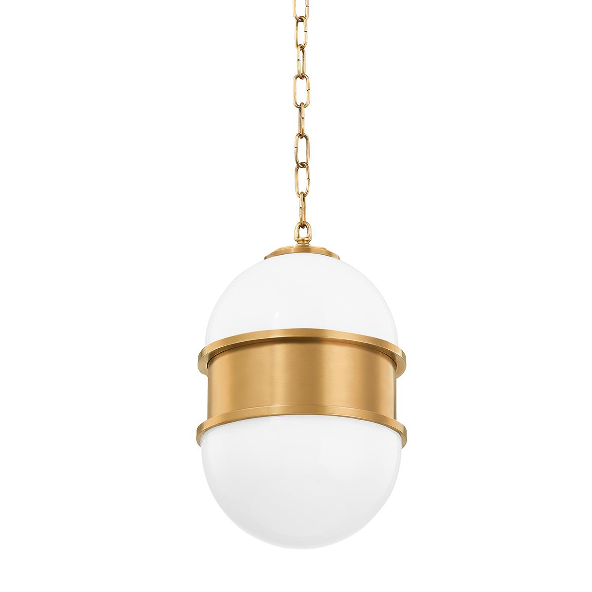 Shown in Vintage Brass finish and Opal White glass