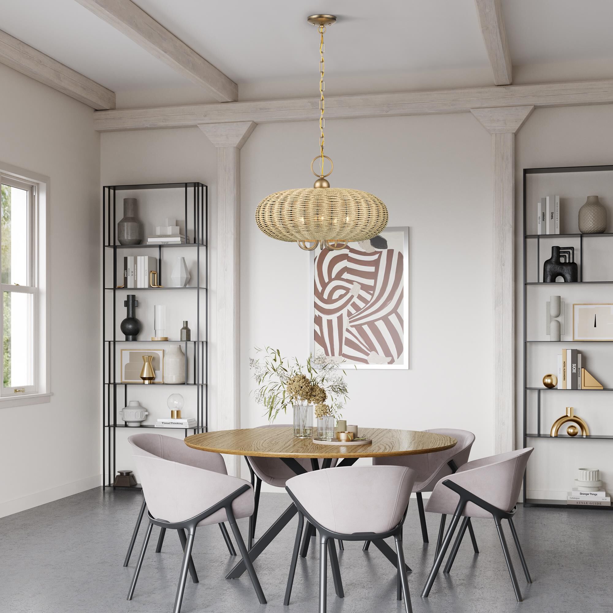 Shown in Antique Gold Leaf finish and Hand-Woven French Beige Paper Rope shade