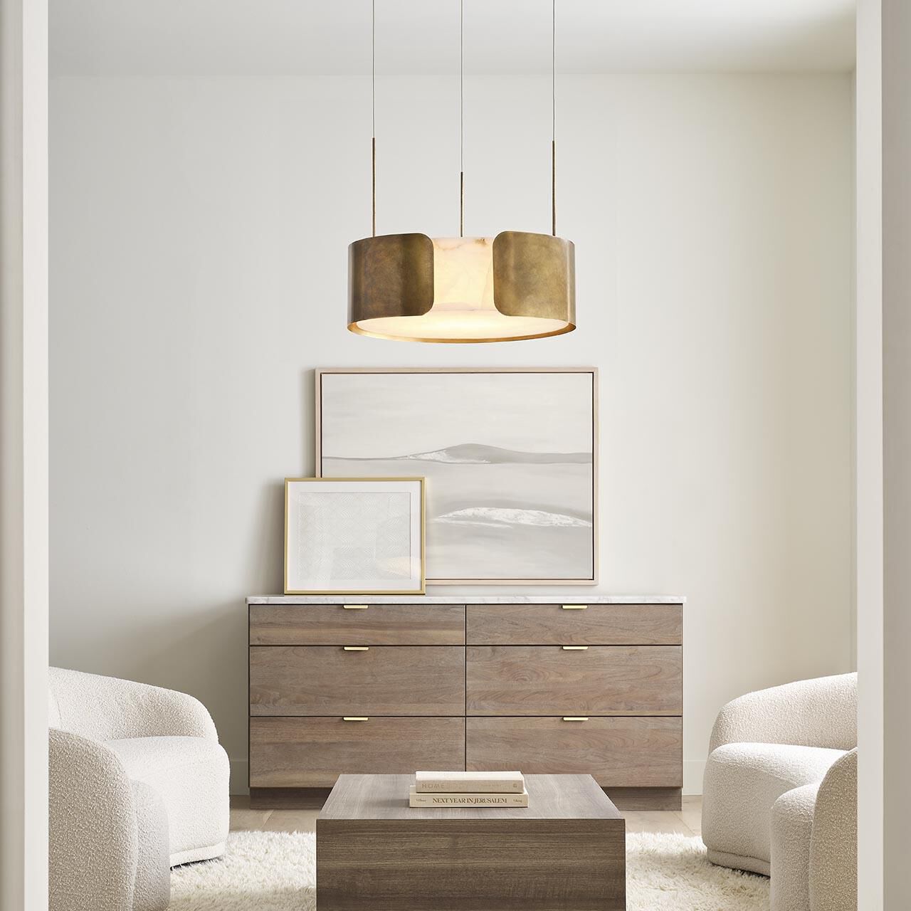 Shown in Mottled Brass finish and Alabaster shade