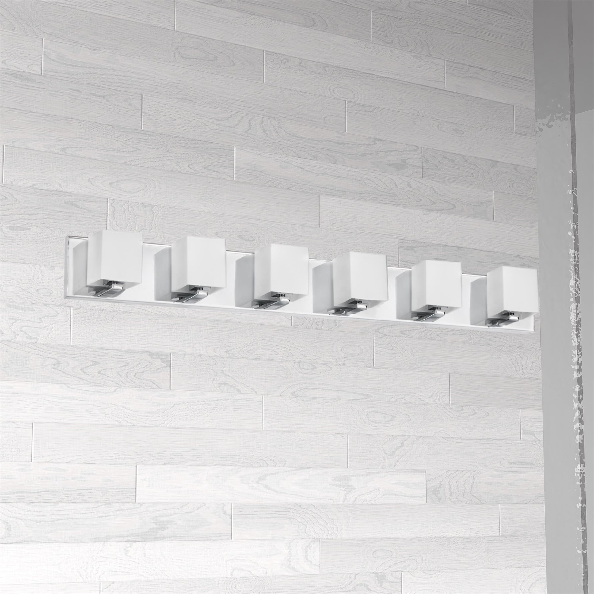 Shown in Polished Chrome and Frosted finish and White Square glass and Aged Brass accent