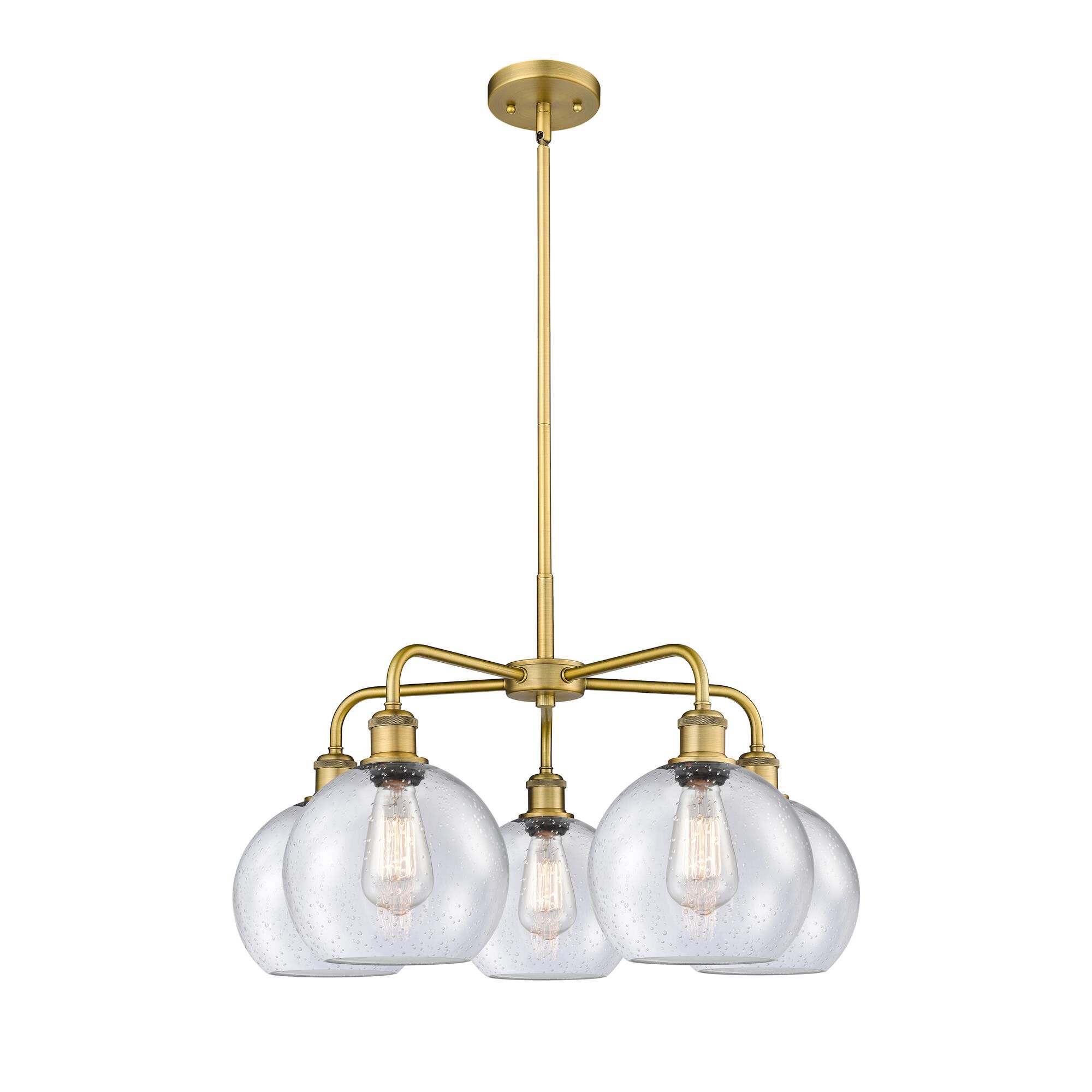 Shown in Brushed Brass finish and Seedy glass