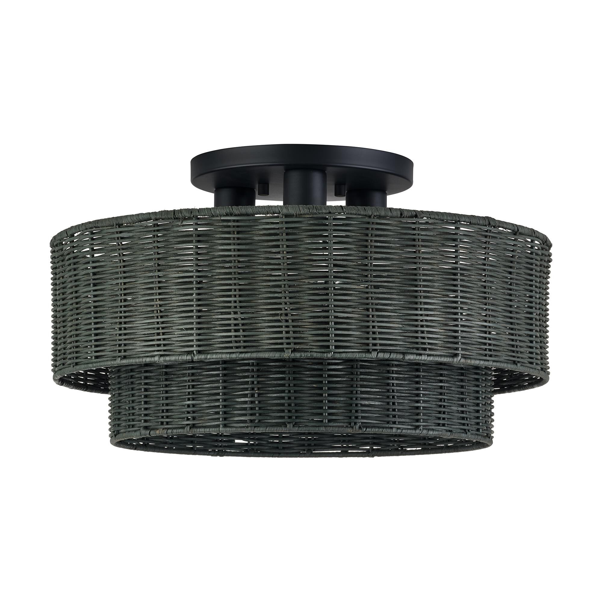 Shown in Black finish and Hand-Woven Charred Gray Color Rattan shade