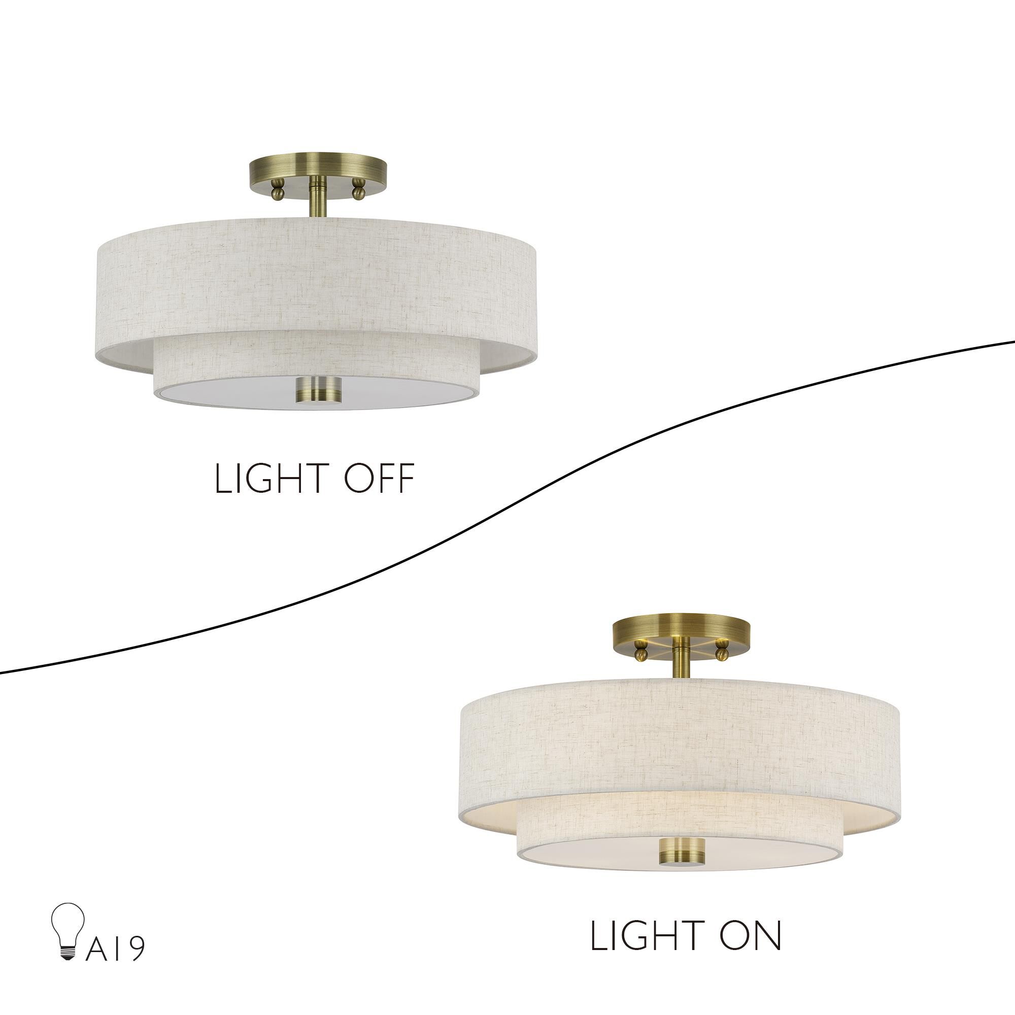 Shown in Antique Brass finish and Hand Crafted Oatmeal Color Fabric with White Color Inside shade