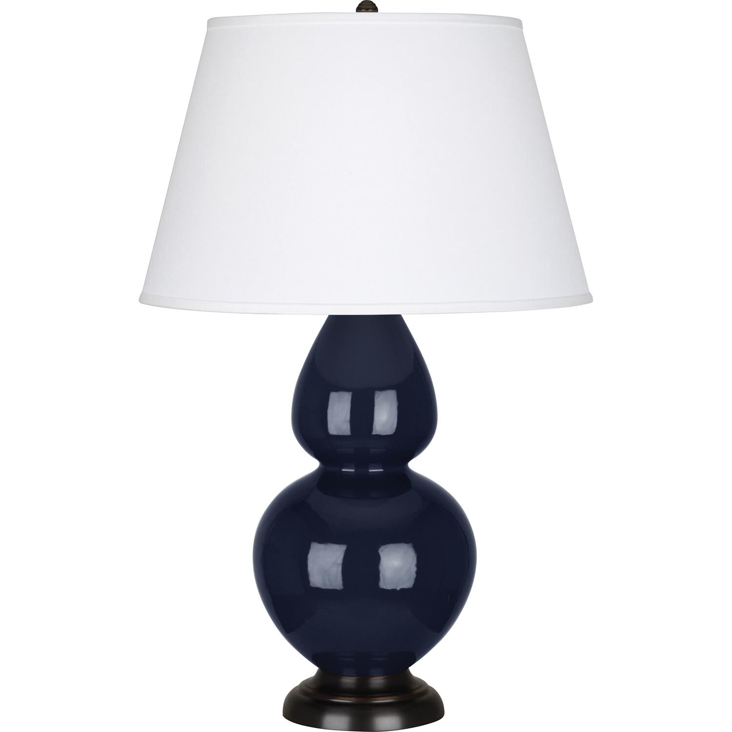 Shown in Midnight Blue Glazed Ceramic With Deep Patina Bronze ed Accents finish and Pearl Dupioni Fabric shade