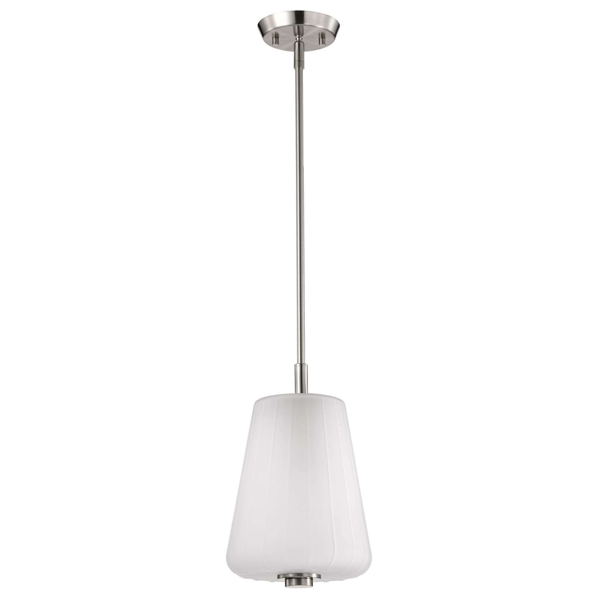 Shown in Brushed Nickel finish and Etched White glass