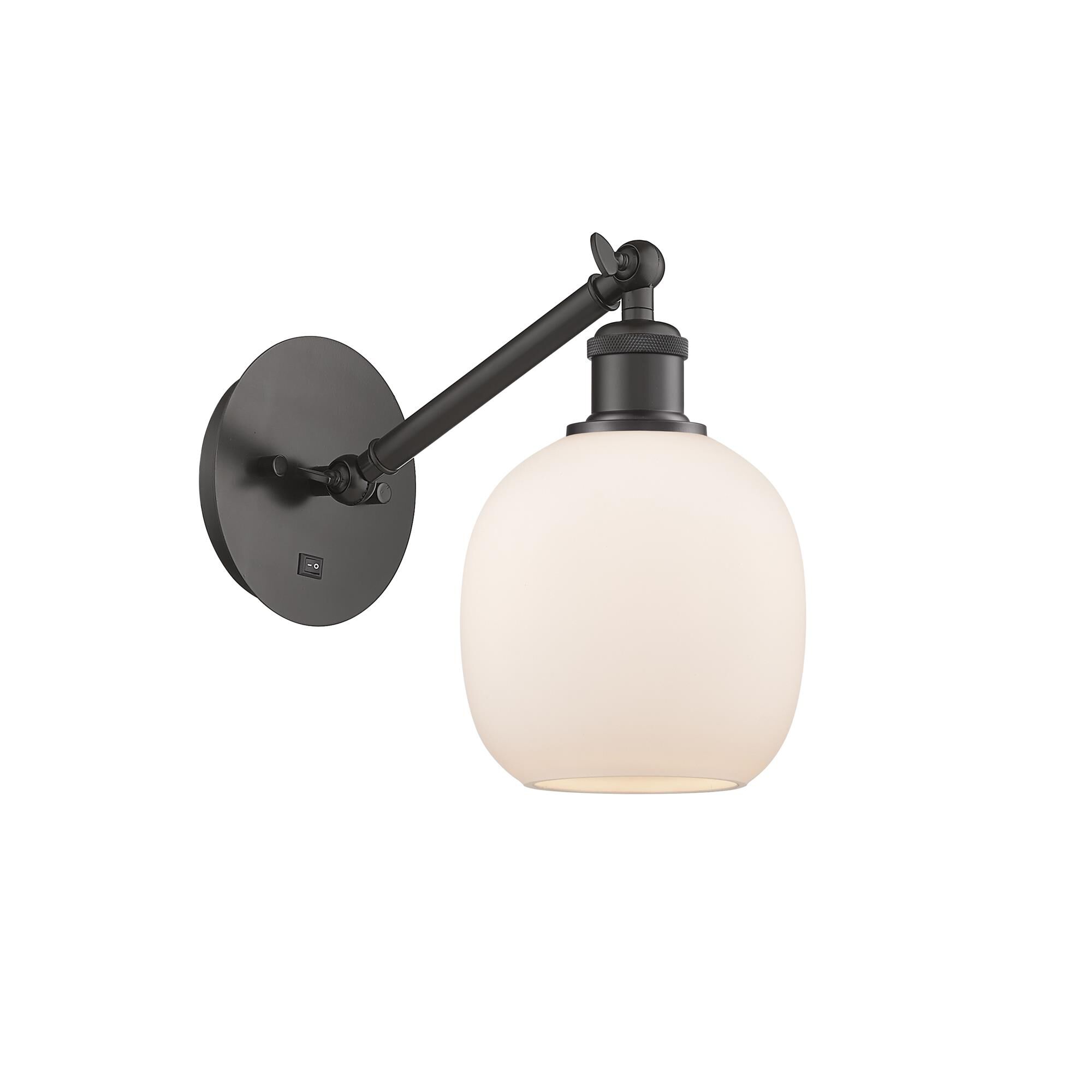 Shown in Oil Rubbed Bronze finish and Matte White Belfast glass