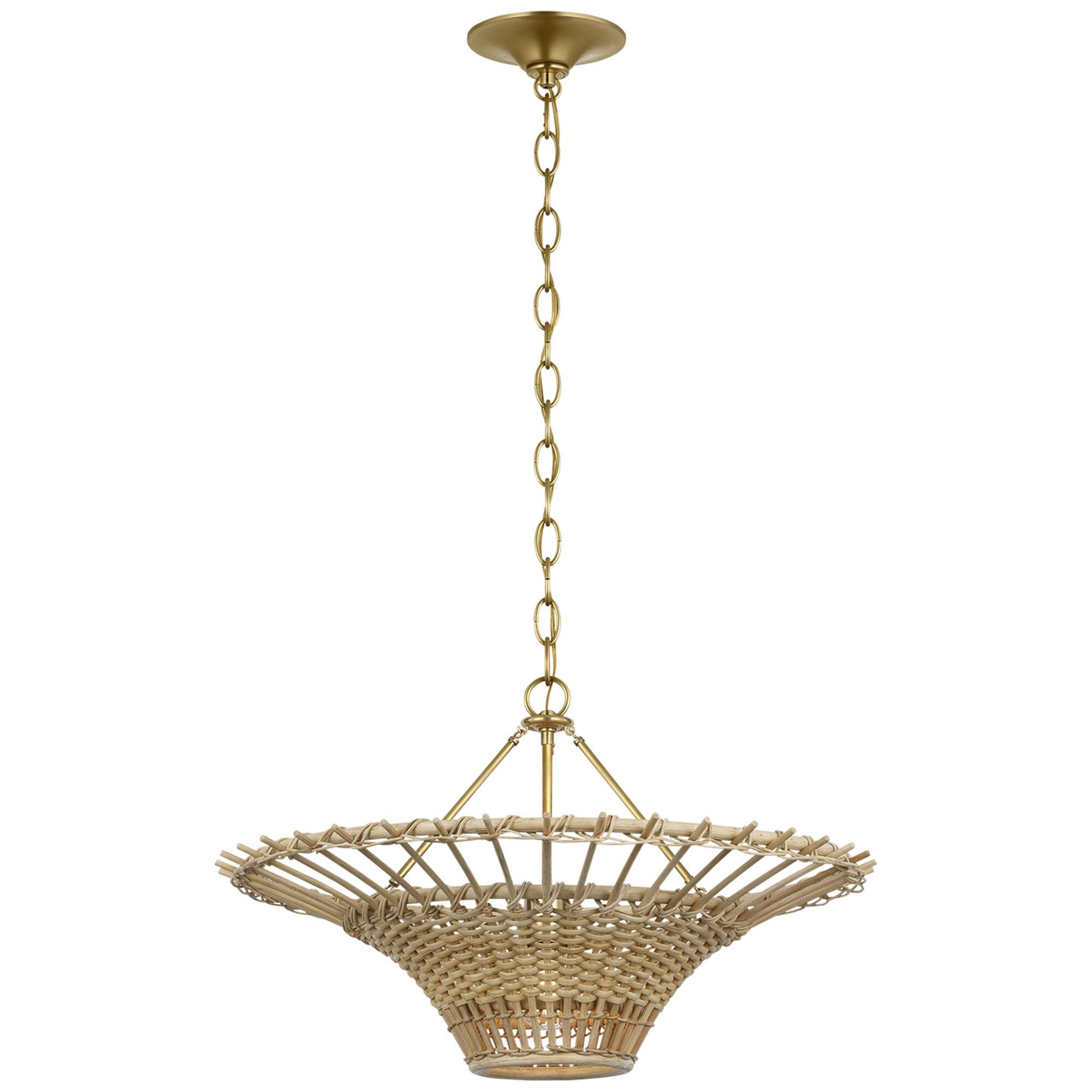 Shown in Hand-Rubbed Antique Brass finish and Blonde Wicker shade
