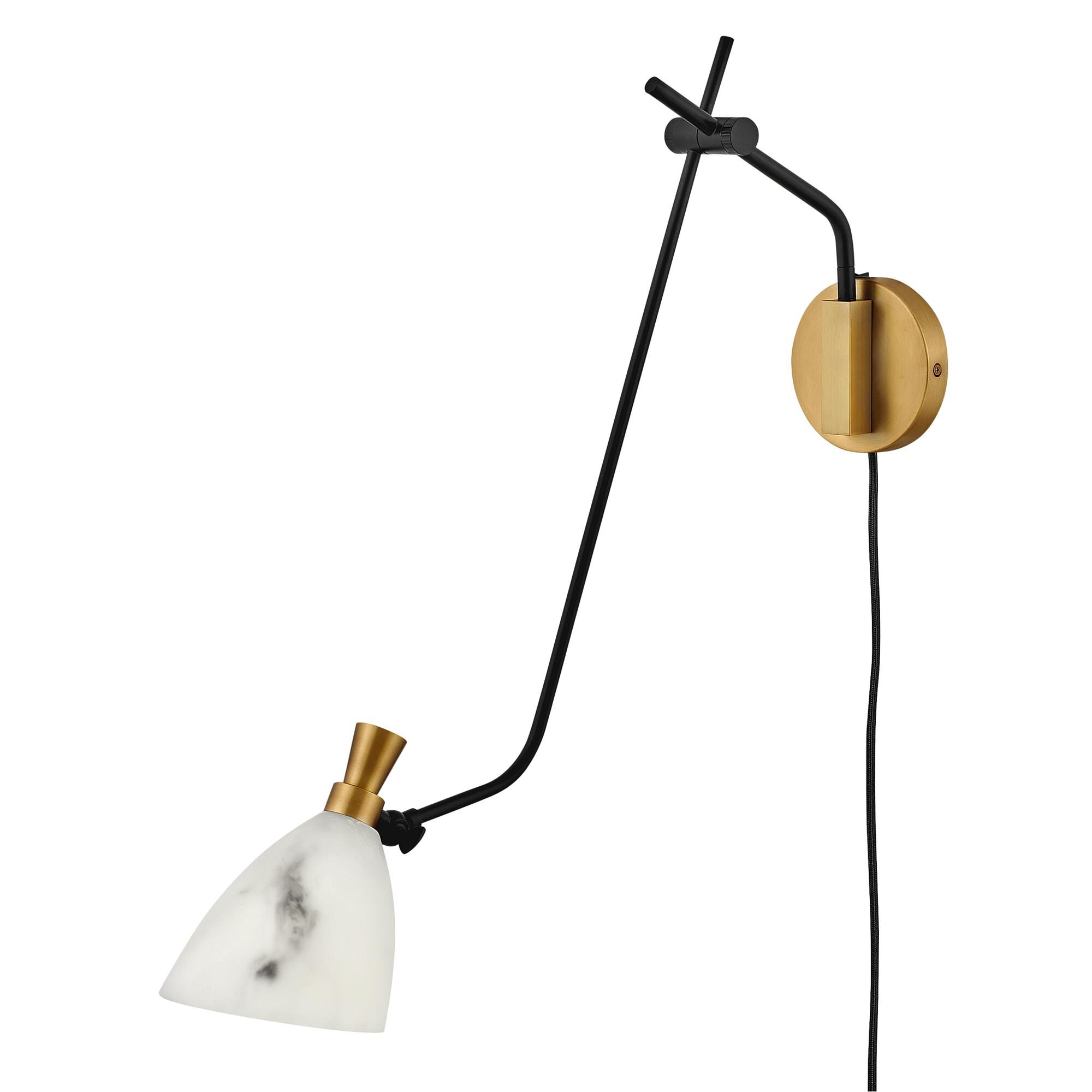 Shown in Heritage Brass finish and Faux Alabaster glass and Black accent