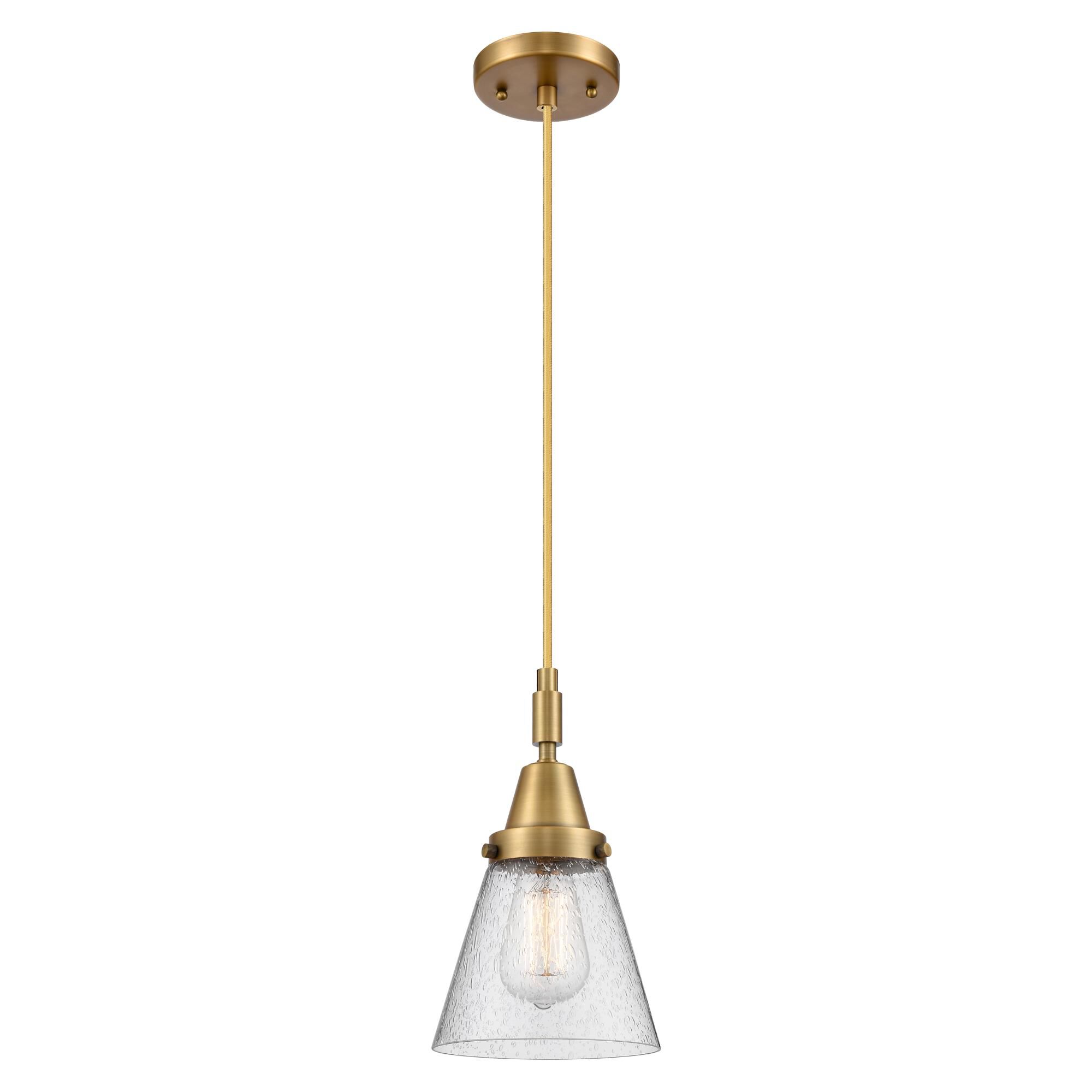 Shown in Brushed Brass finish and Seedy glass