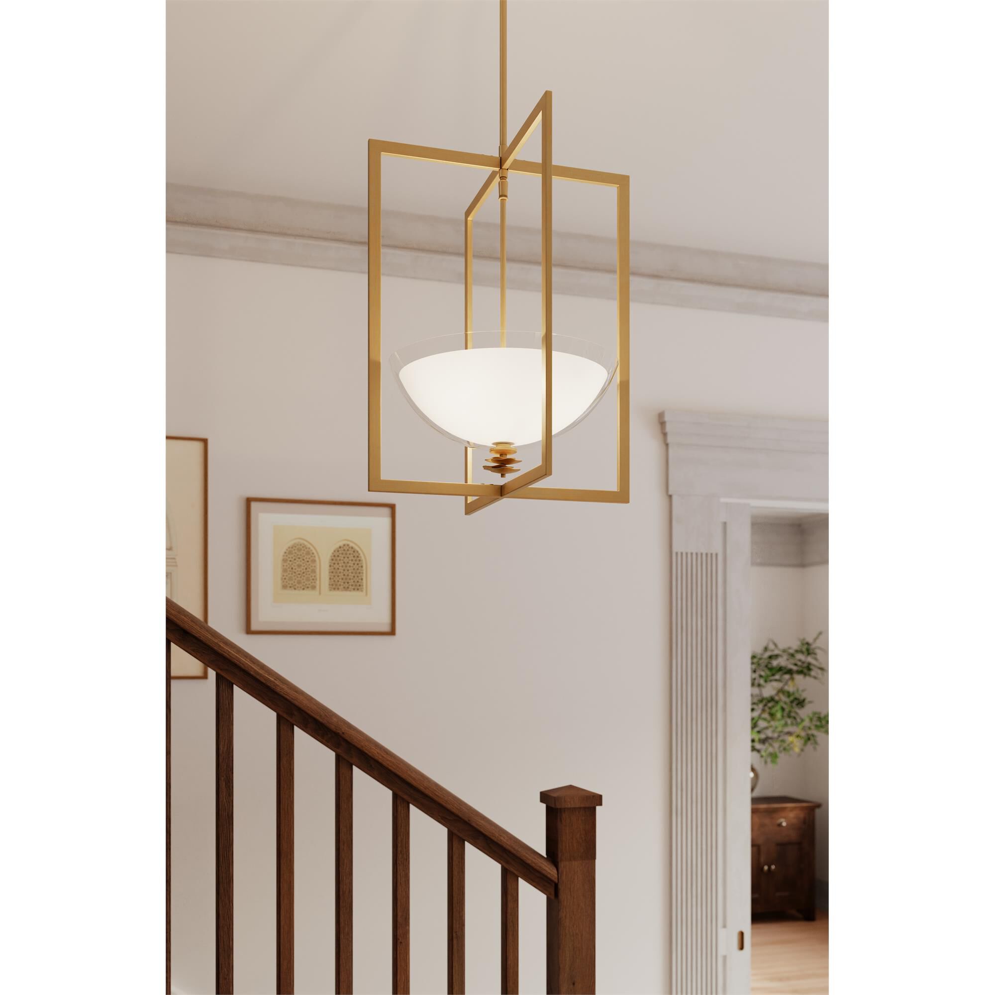 Shown in Legacy Brass finish and Clear and Opal White glass