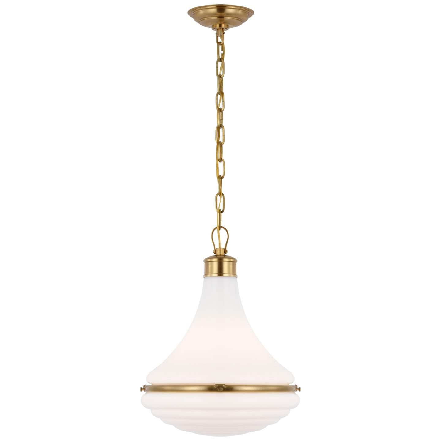 Shown in Hand-Rubbed Antique Brass finish and White glass