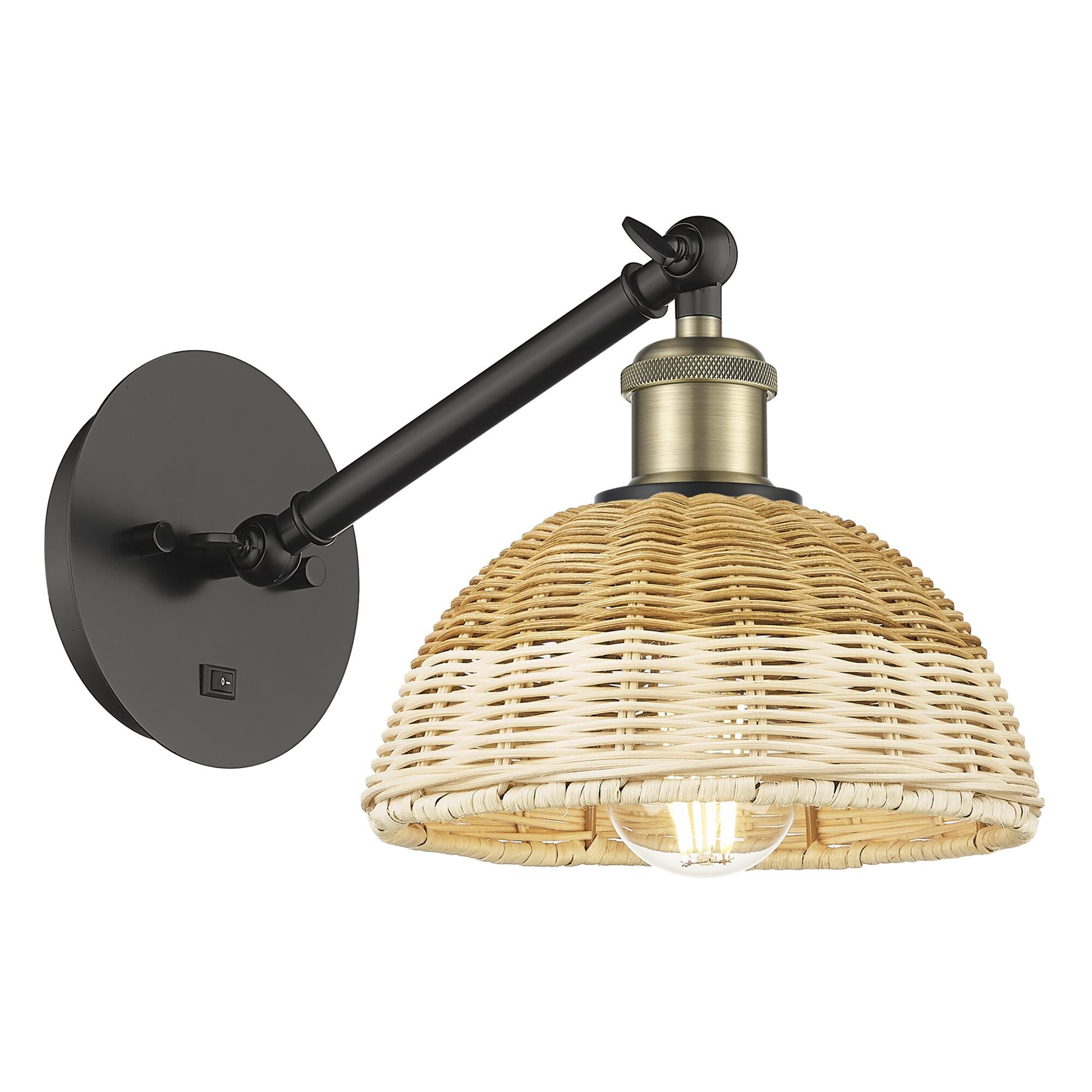 Shown in Black Antique Brass finish and Natural shade