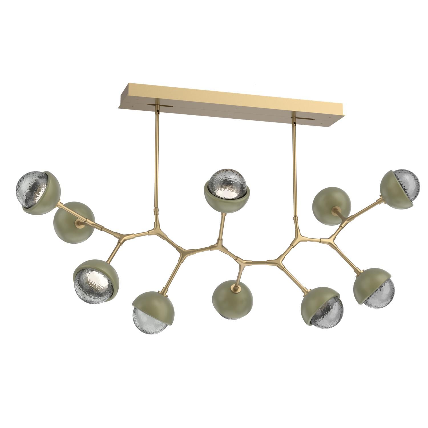 Shown in Gilded Brass finish and Smoke glass and Sage Green accent