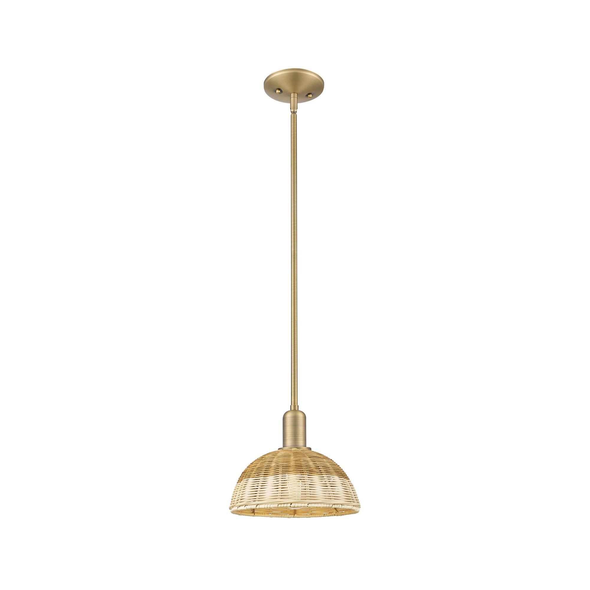 Shown in Brushed Brass finish and Natural Fiber shade