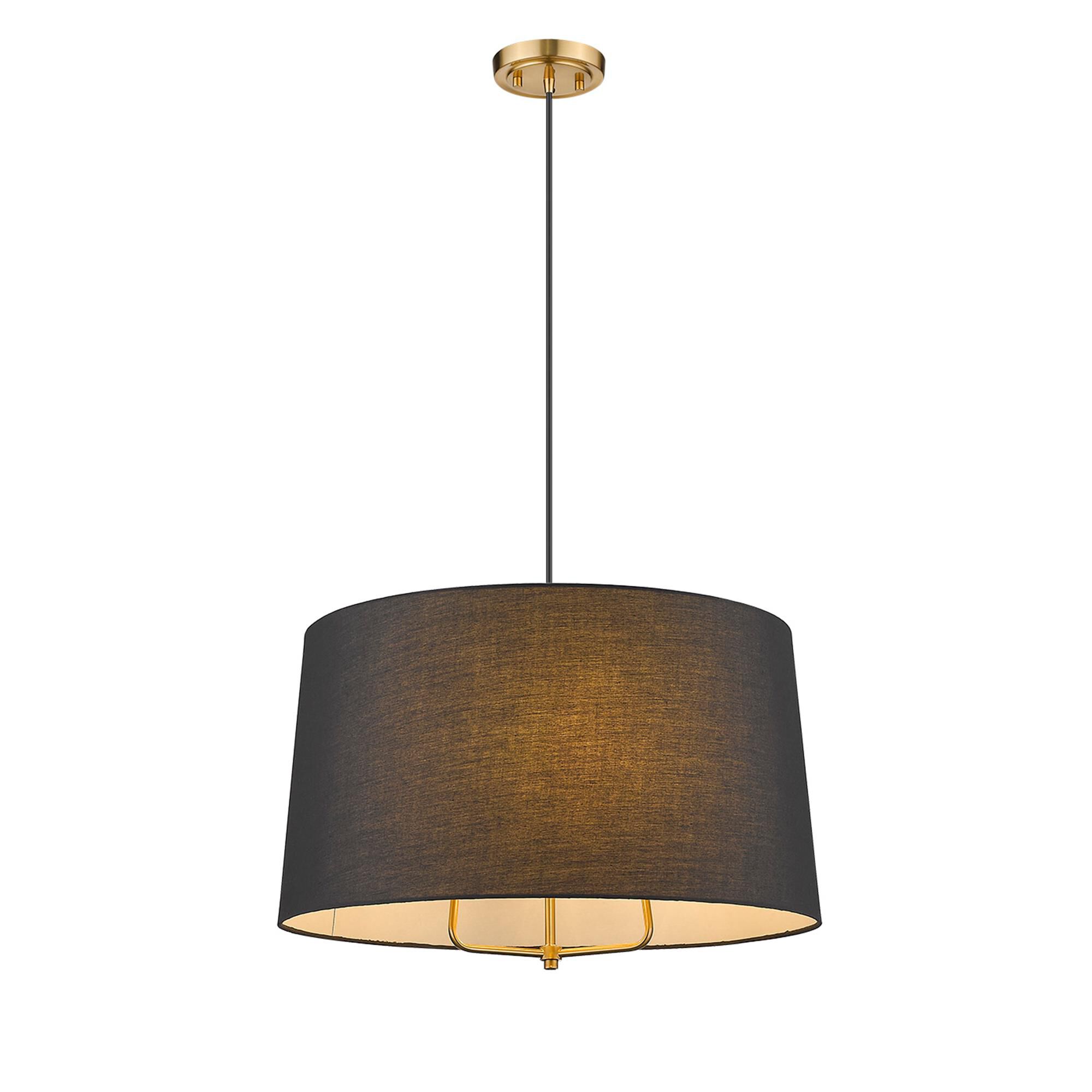 Shown in Gold finish and Matte Black glass and Black Hardback Linen Drum shade