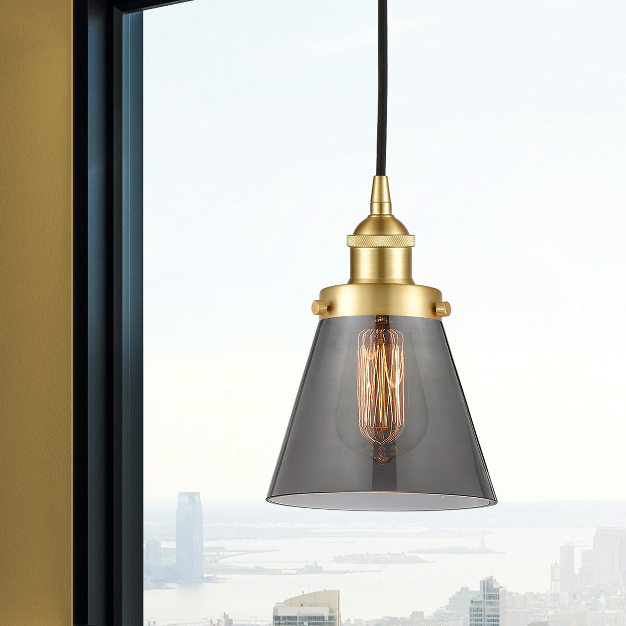 Shown in Satin Gold finish and Plated Smoke Small Cone glass