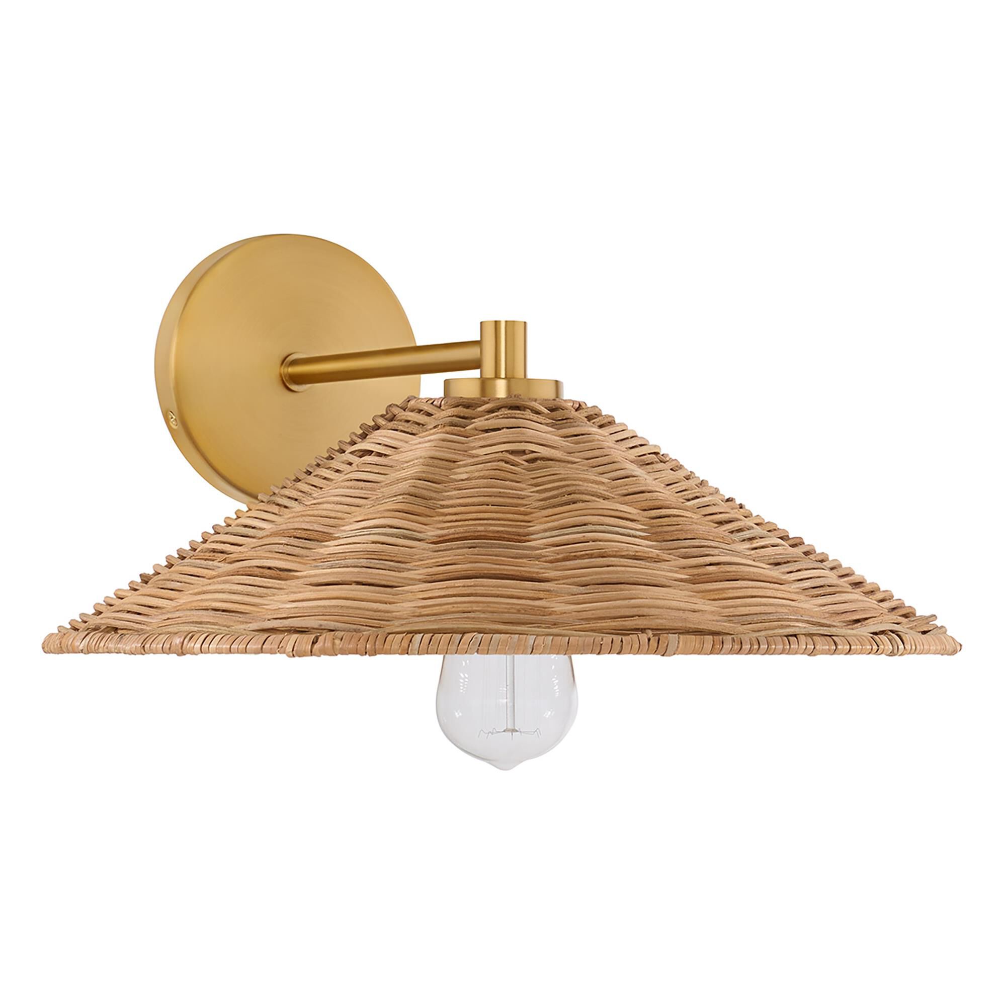 Shown in Natural Brass finish and Natural Rattan shade
