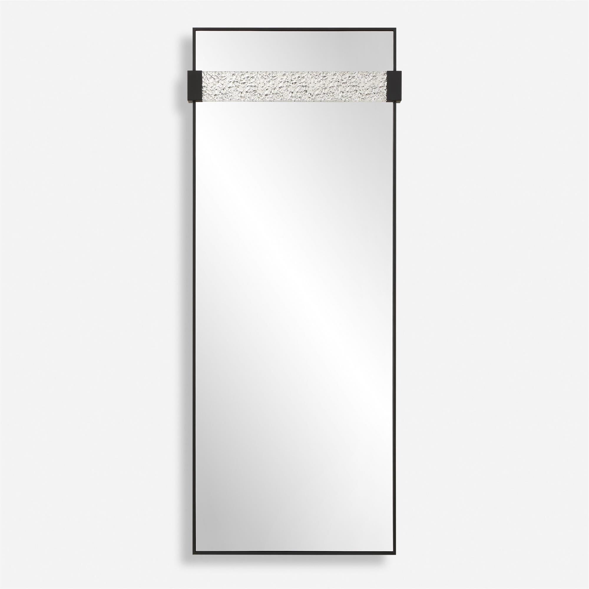 Shown in The Stratton Mirror Is Constructed In A Linear Satin Black Iron Frame, Featuring A Suspended Acrylic finish