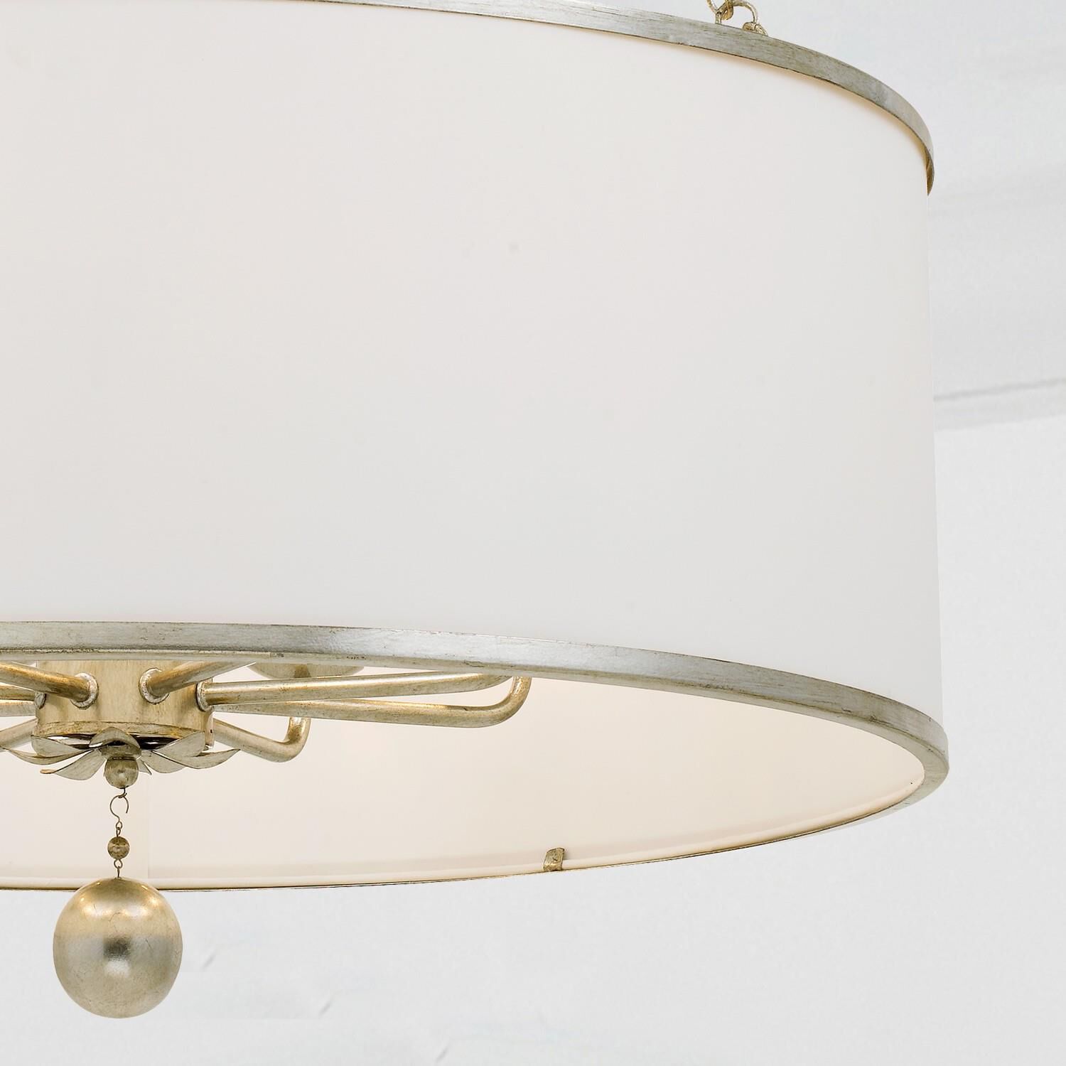 Shown in Antique Silver finish and Silk glass and White shade