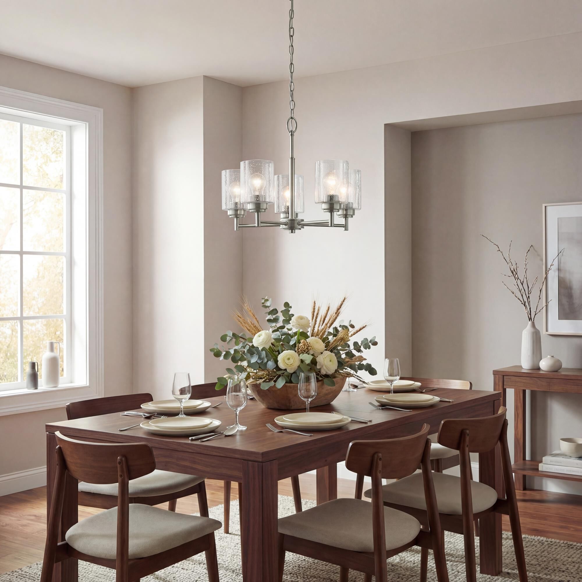 Shown in Brushed Nickel finish and Clear Seeded glass