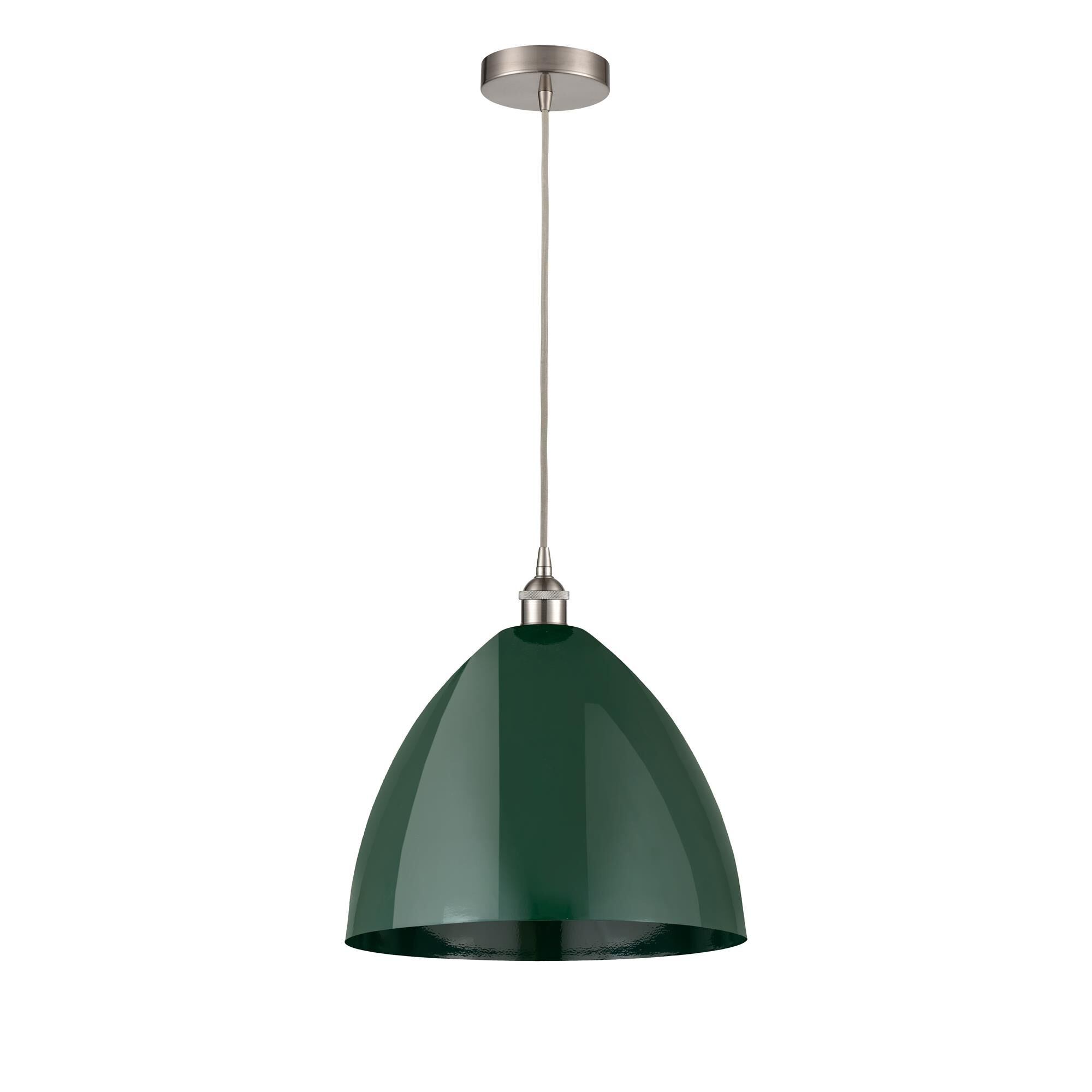 Shown in Brushed Satin Nickel finish and Green Dome shade