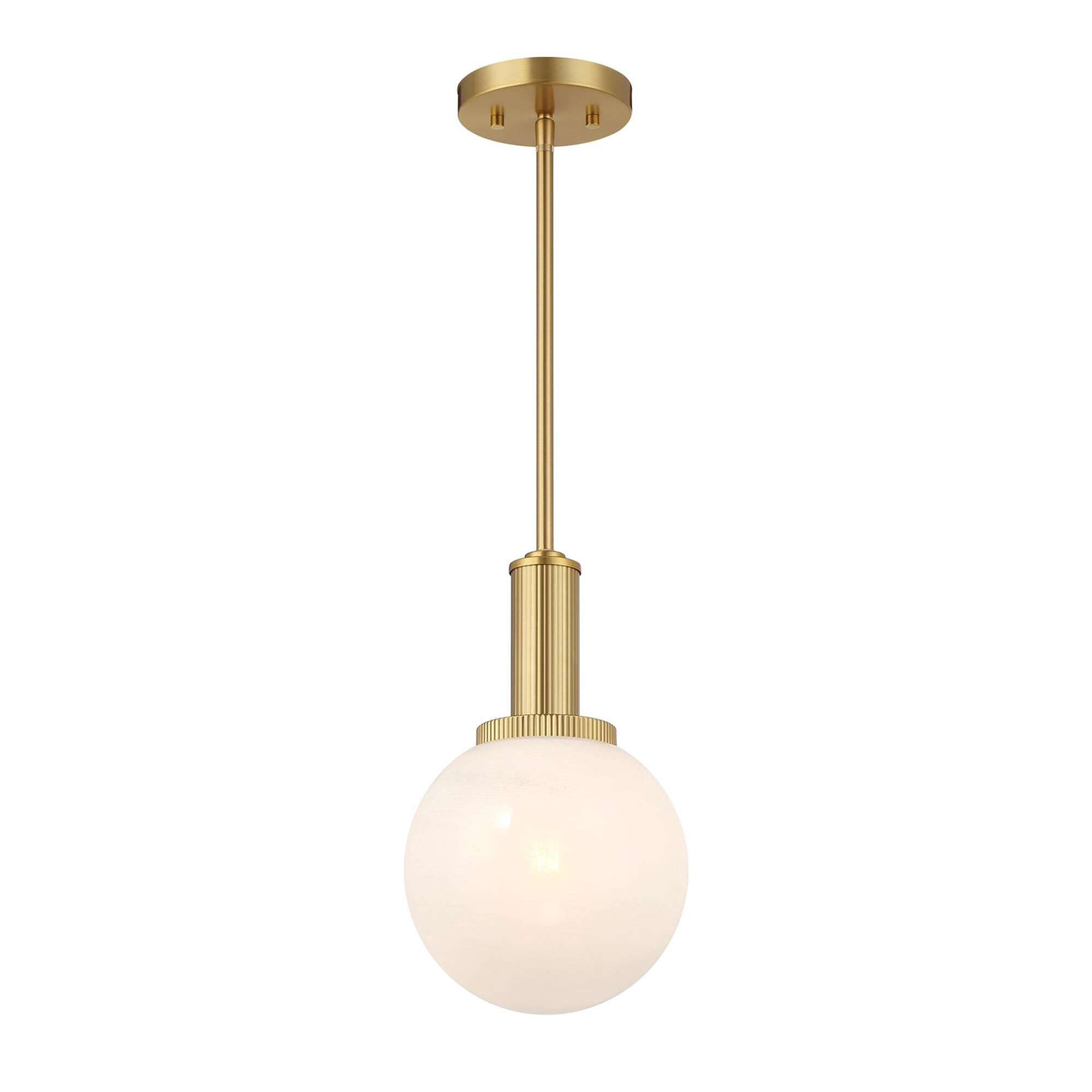 Shown in Natural Brass finish and White Strie glass