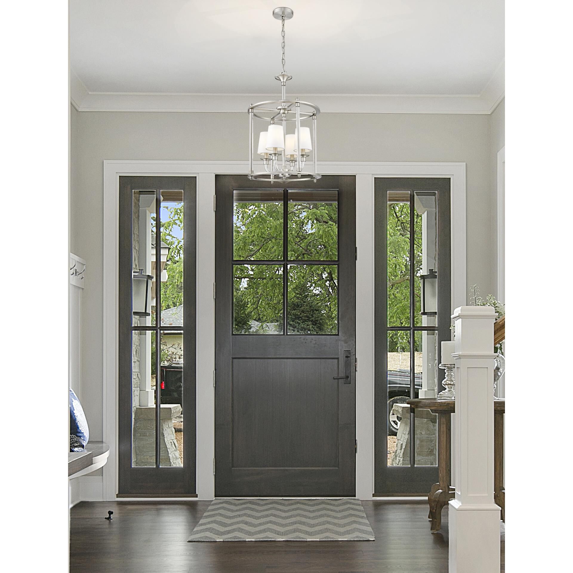 Shown in Brushed Nickel finish and White glass and White shade