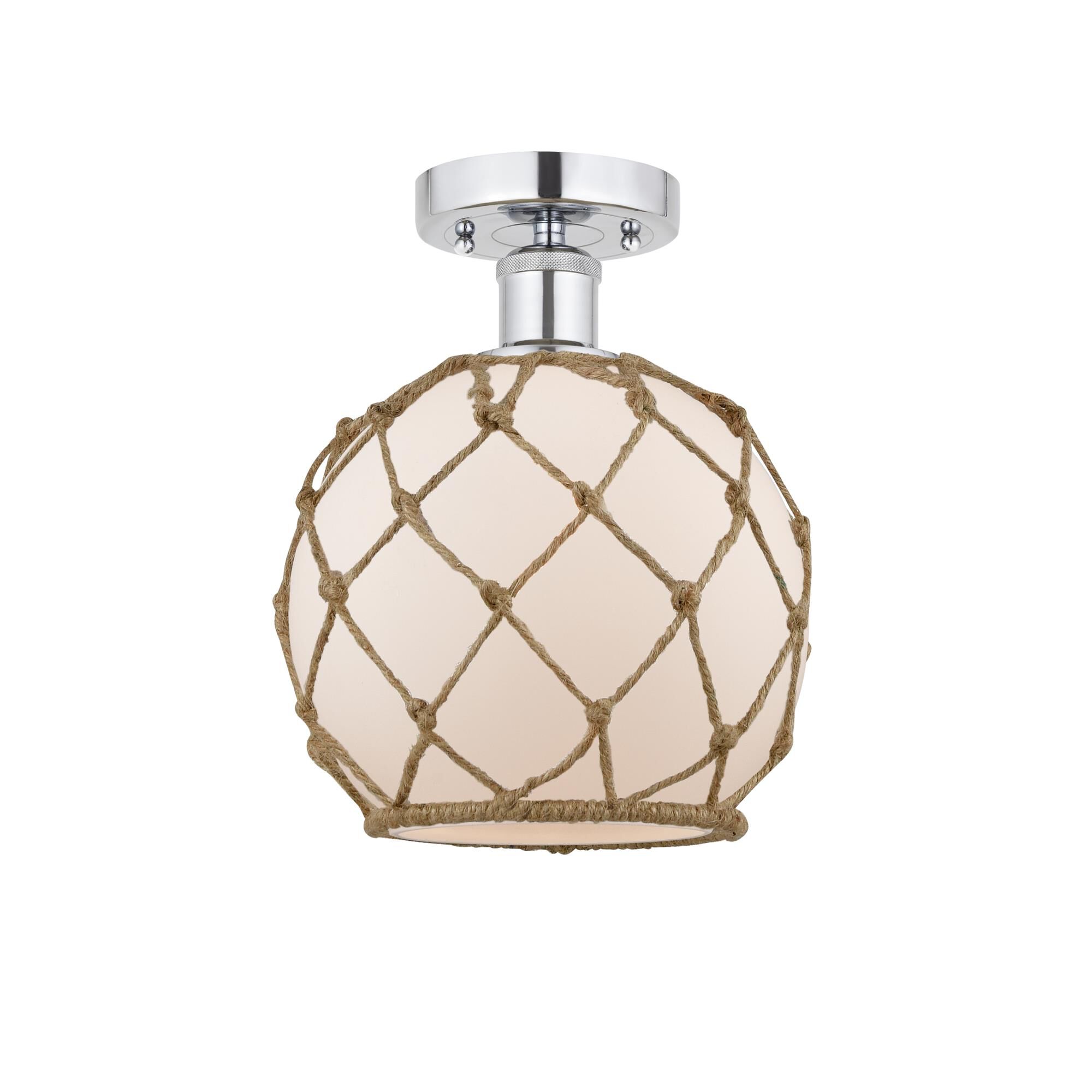 Shown in Polished Chrome, White Glass With Brown Rope finish and White glass and White Glass With Brown Rope Glass And Rope shade