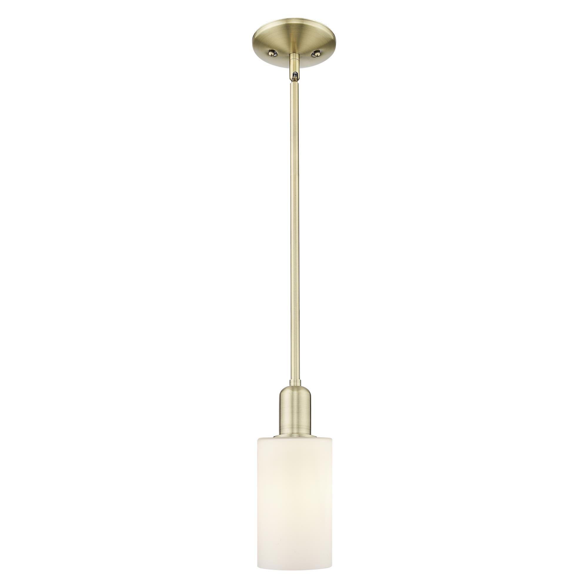 Shown in Antique Brass finish and Matte White glass