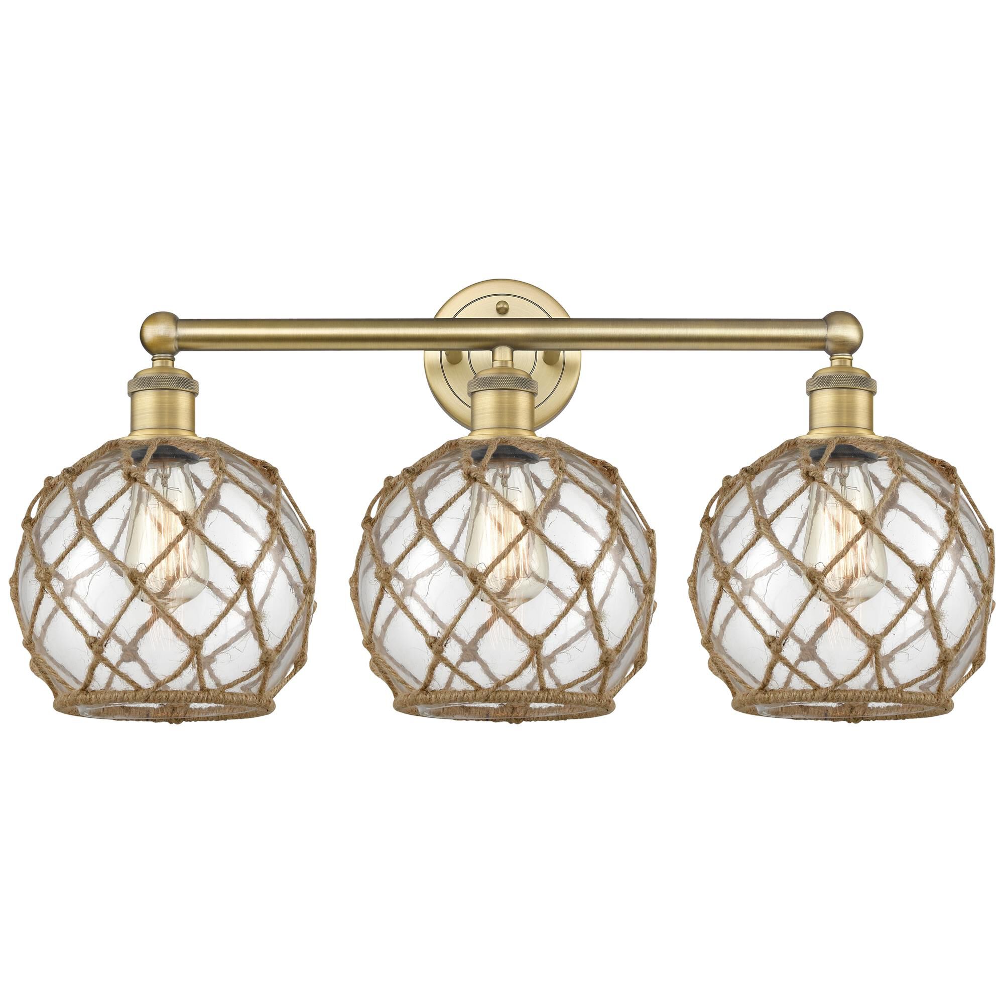 Shown in Brushed Brass finish and Clear with Brown Rope glass