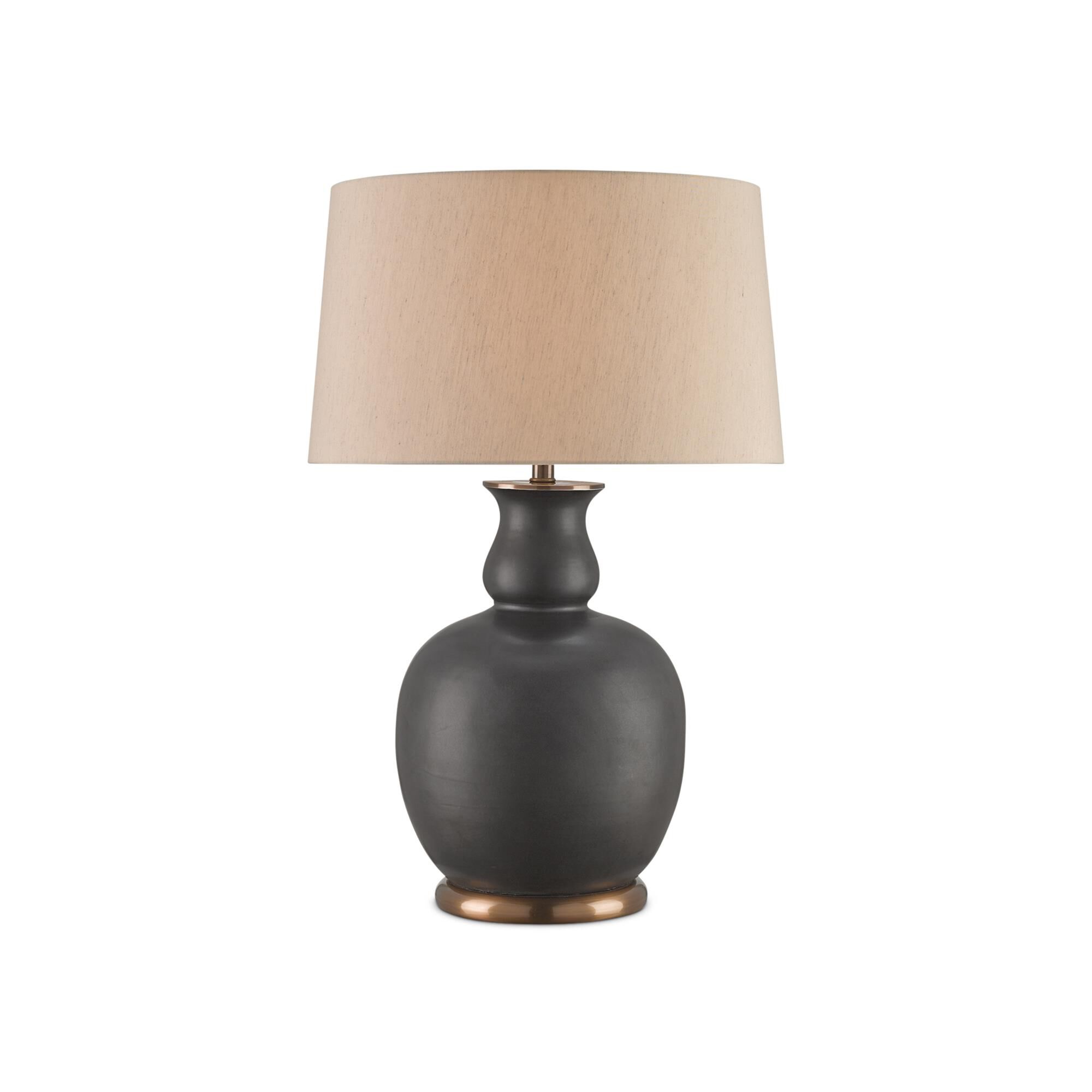 Shown in Matte Black-Antique Brass finish and Beige Poplin shade