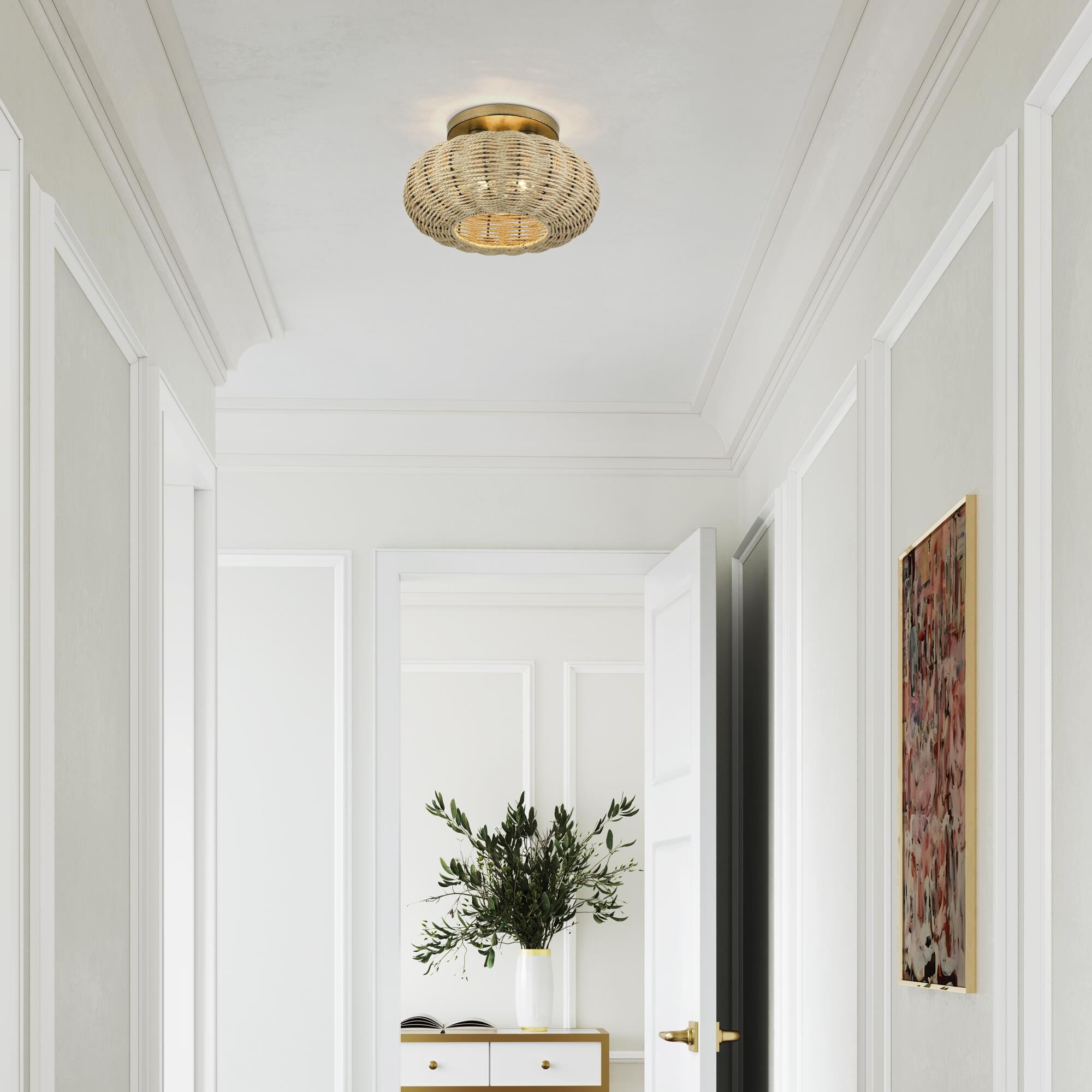 Shown in Antique Gold Leaf finish and Hand-Woven French Beige Paper Rope shade