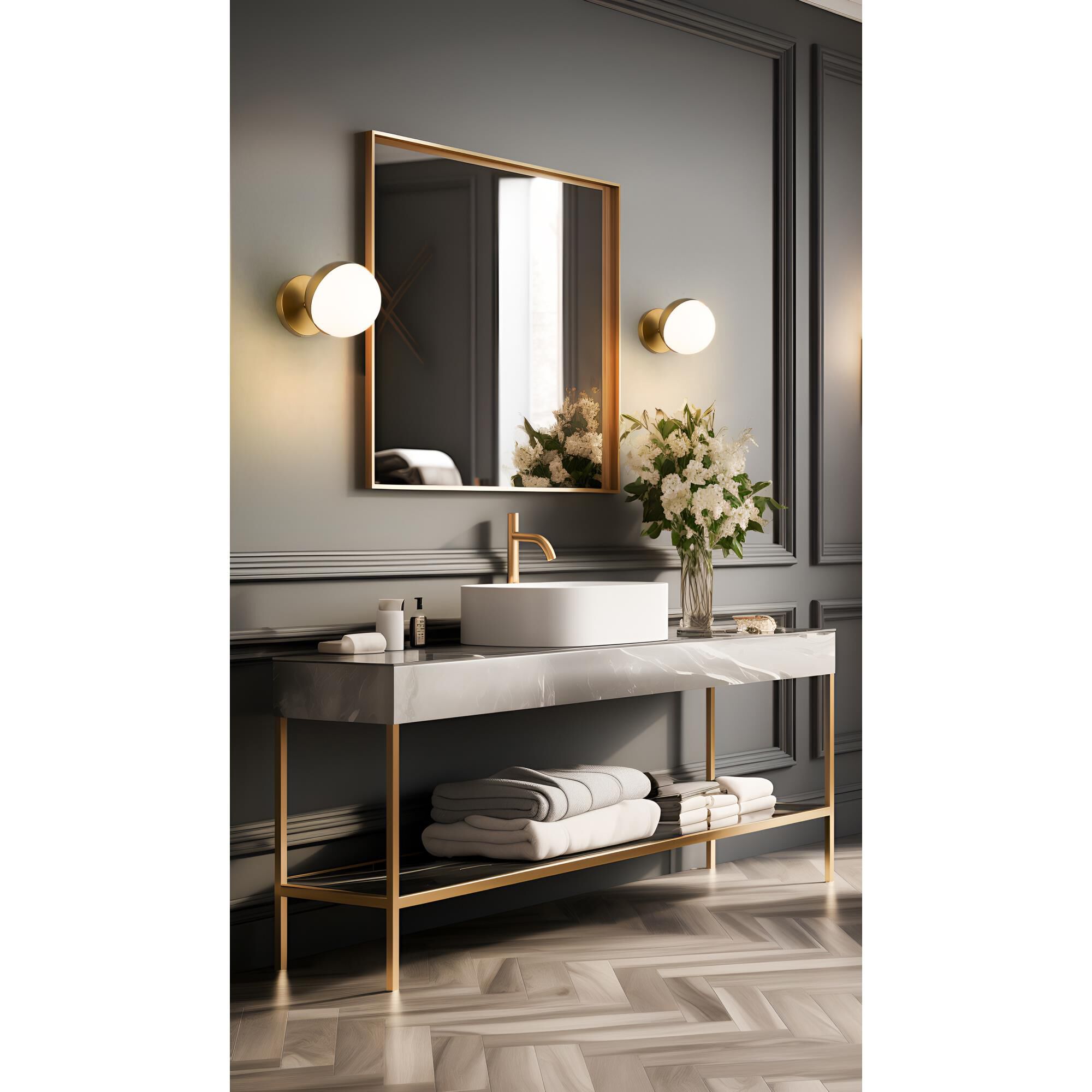 Shown in Modern Gold finish and Matte Opal glass and Matte Opal shade