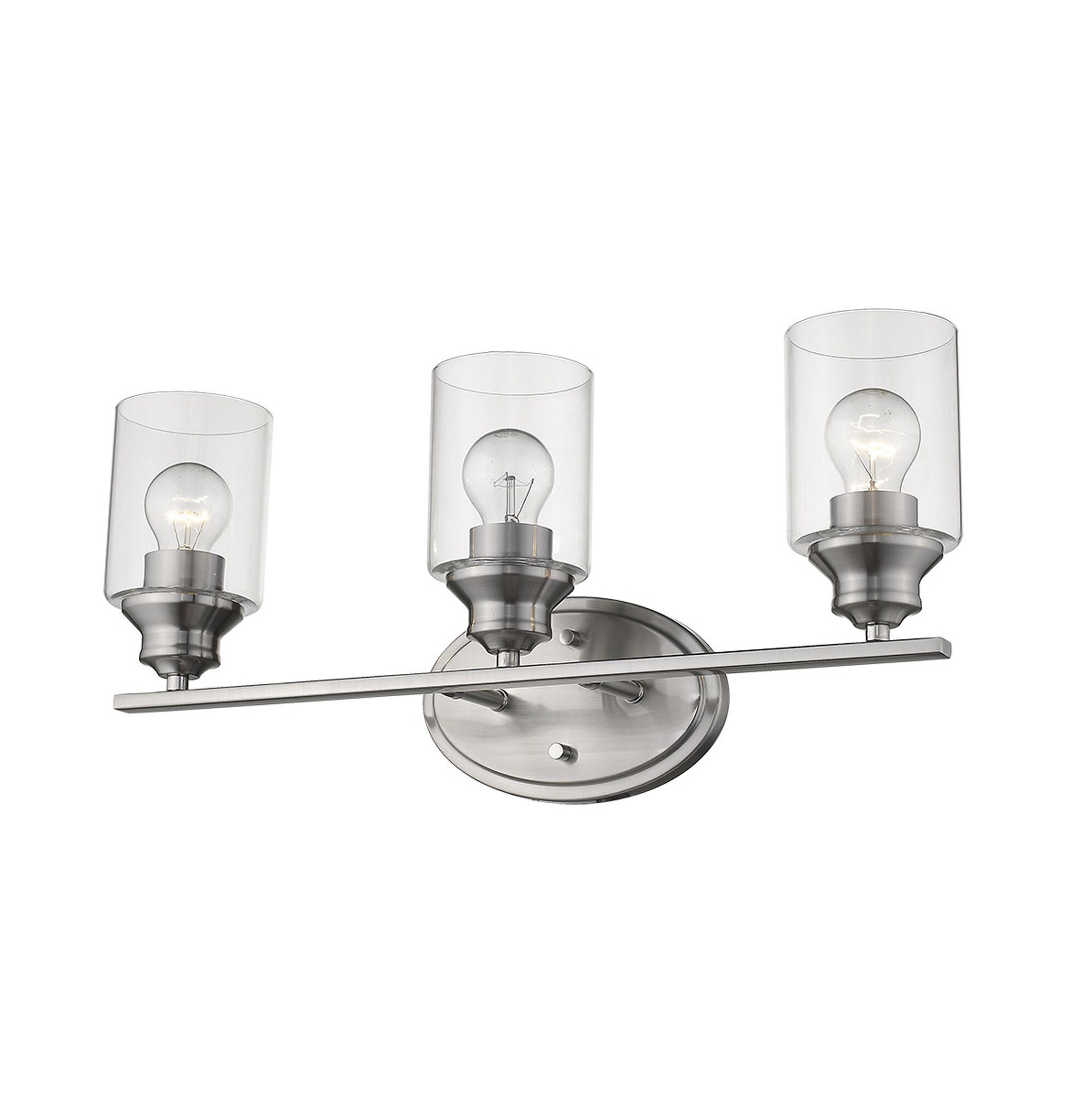 Shown in Satin Nickel finish and Clear glass and Clear, Cylindrical Glass s shade