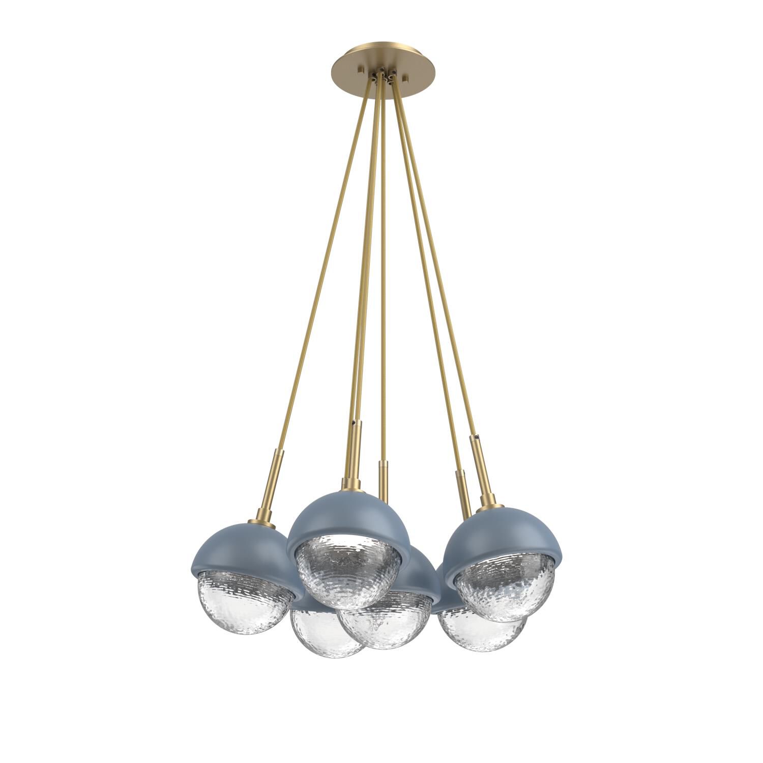 Shown in Gilded Brass finish and Clear glass and Poppy Blue accent