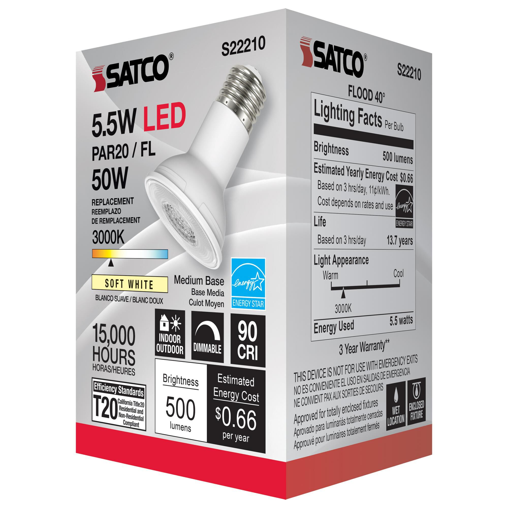 Dimmable 5.5 Watt 3000K PAR20 LED Light Bulb by Satco
