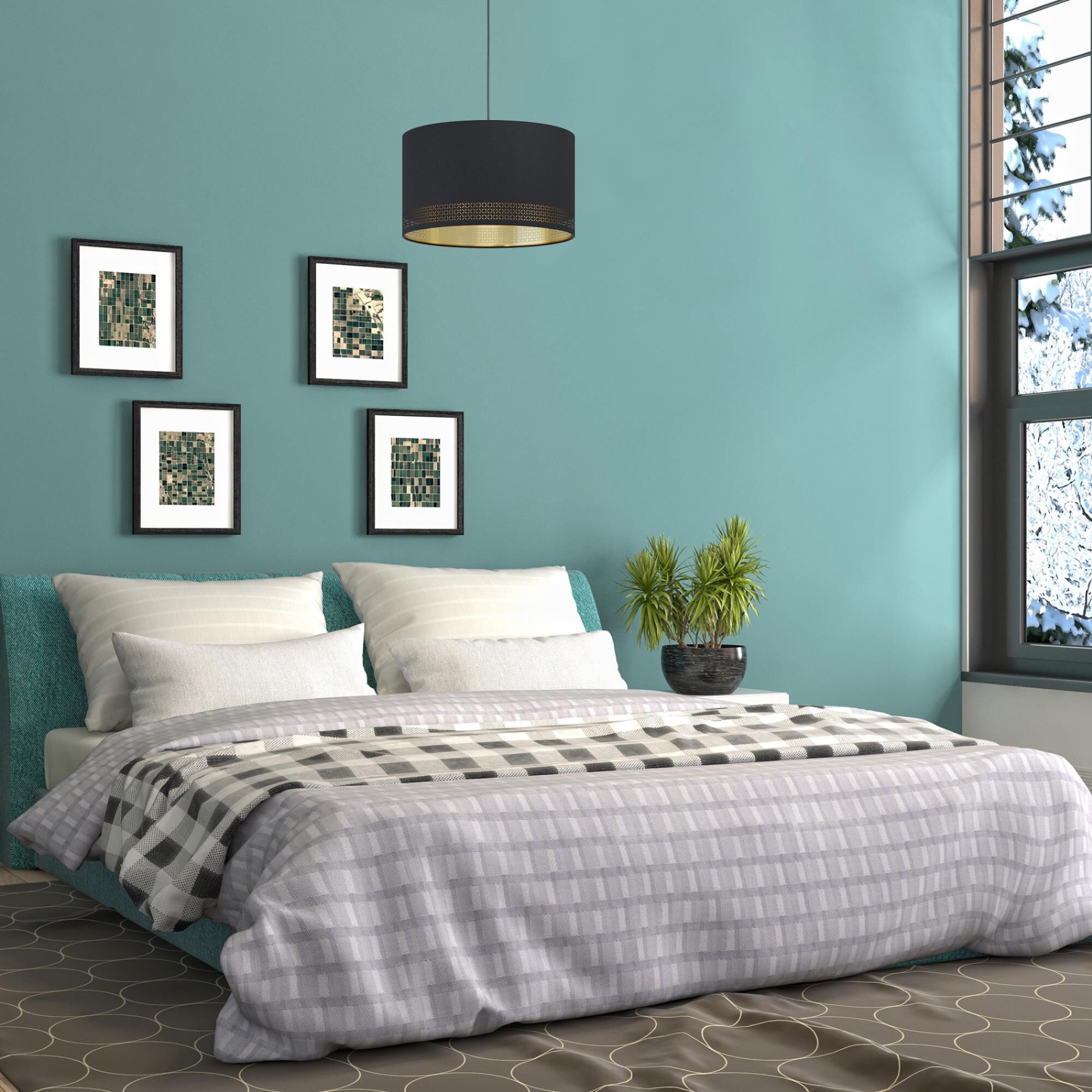 Shown in Black finish and Black Exterior and Gold Interior Fabric shade